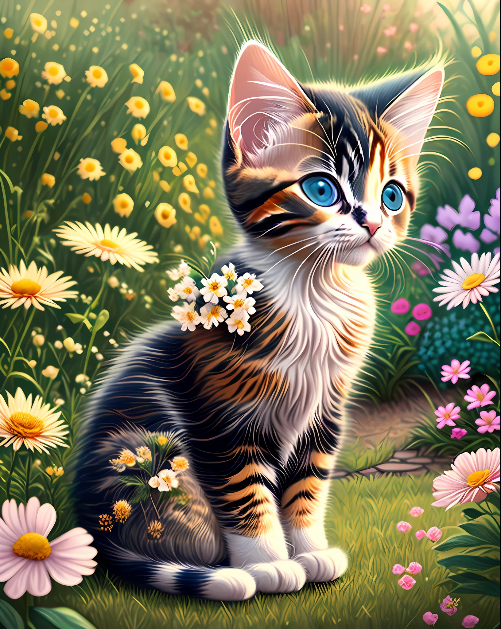 a very cute kitten in the middle of a beautiful garden with flowers --auto --s2