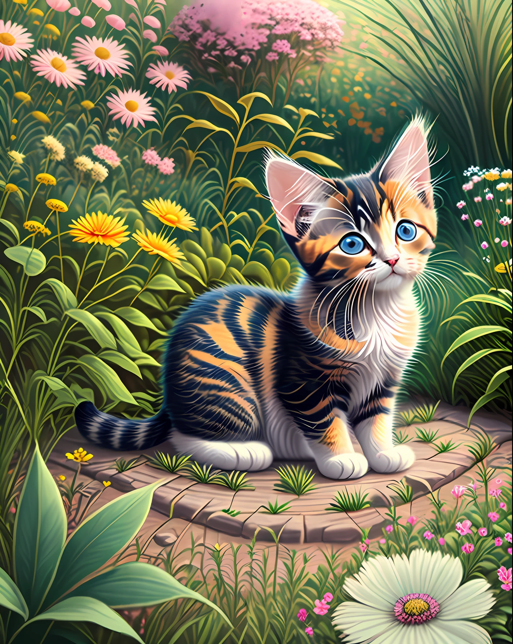a very cute kitten in the middle of a beautiful garden with flowers --auto --s2