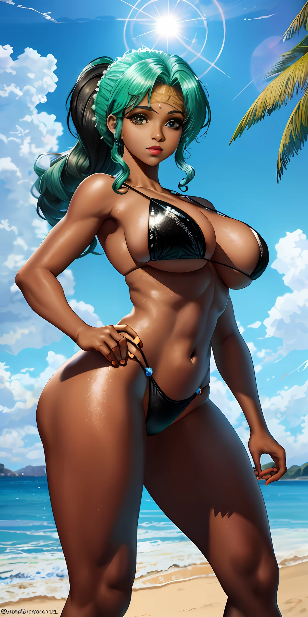(obra-prima, melhor qualidade: 1.2), (1girl, garota negra: 1.5) micro bikini de tigre, orelhas de tigre, rabo de tigre, olhos de tigre peitos pequenos, bunda grande, vista de cima: 1.2, octane rendering, lente olho de peixe, detalhe insano, rosto bonito, olhos insanamente detalhados, praia, palmeiras, sol, RayTrace, sentado na areia,