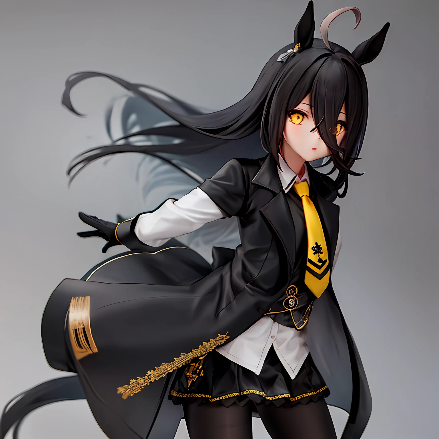 1girl in,manhattan-cafe,manhattan-cafe(Racing Wear),Horse Girl,Horse ears,hair_Bland_Eyes,Solo,pantyhose,long_hair, Black_hair, Black Gloves,yellow_Eyes,Ahoge,neck tie,Black_Jacket,Skirt,Black_Footwear,Simple background