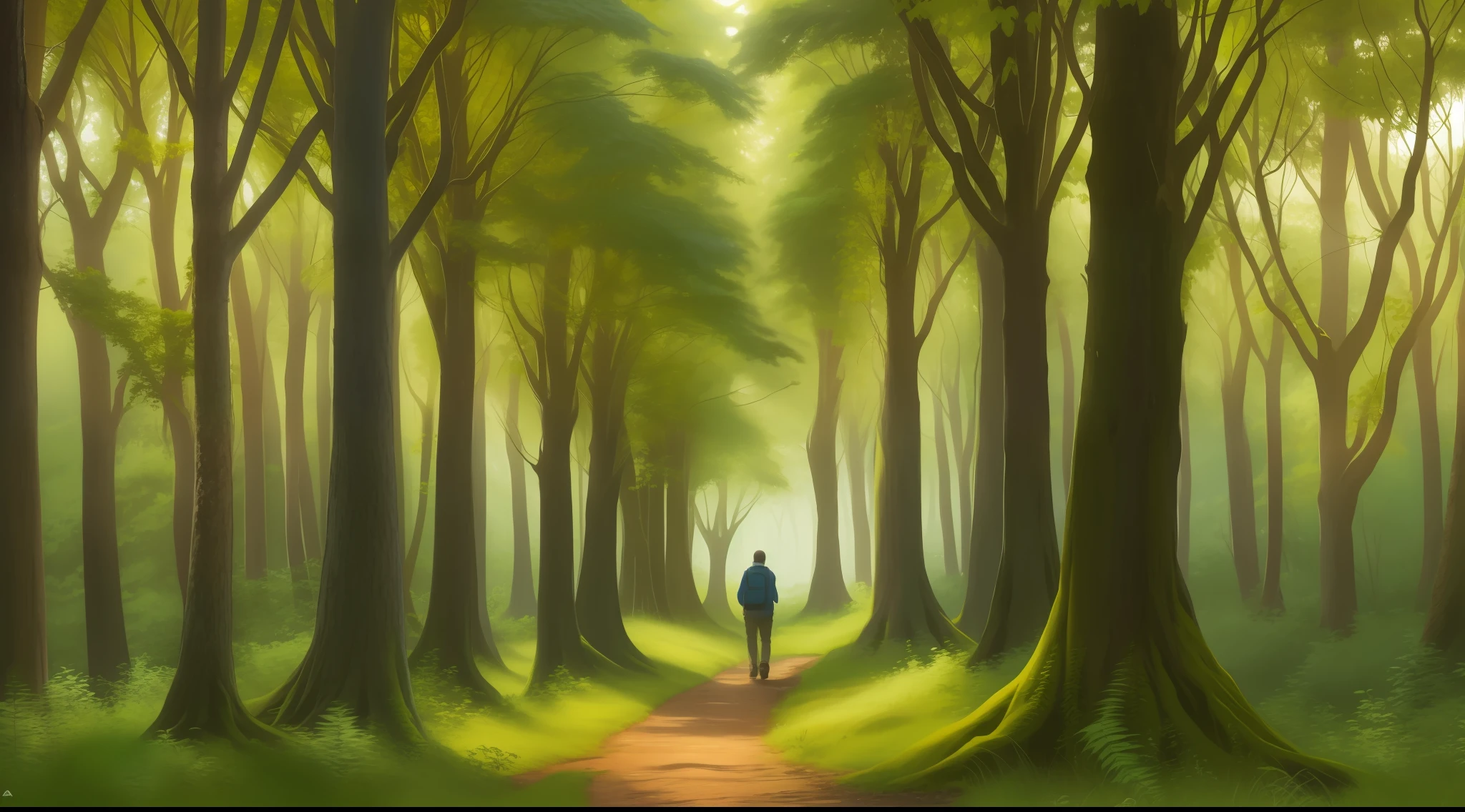 Lone hiker in a dense forest: Uma trilha sinuosa atravessa uma floresta densa, with majestic trees rising to touch the sky. A lone walker moves on, mergulhado em seus pensamentos, com apenas a natureza ao redor para lhe fazer companhia. The solitude here is portrayed as an opportunity to connect with the serenity of nature.