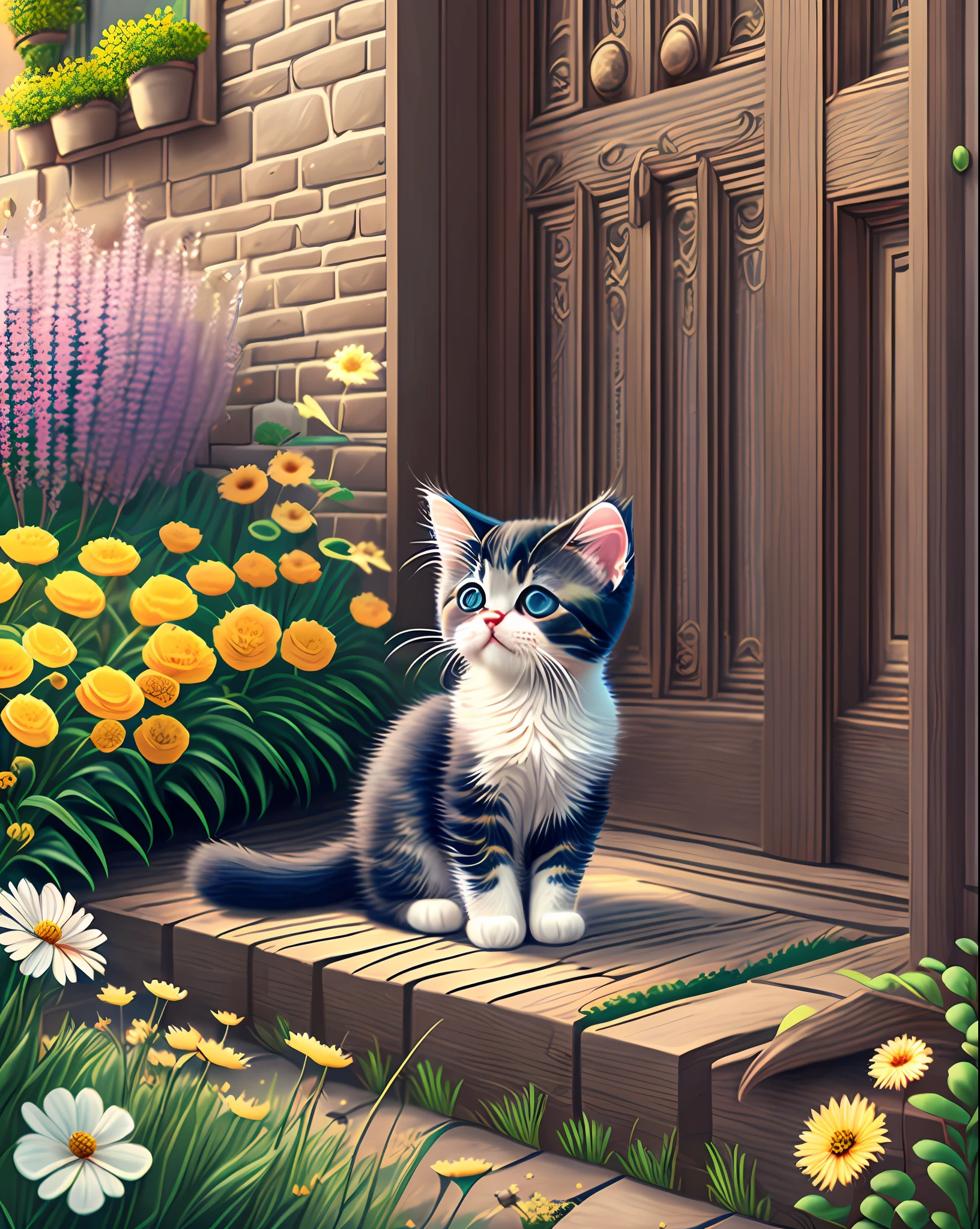 a very cute kitten in the middle of a beautiful garden with flowers --auto --s2