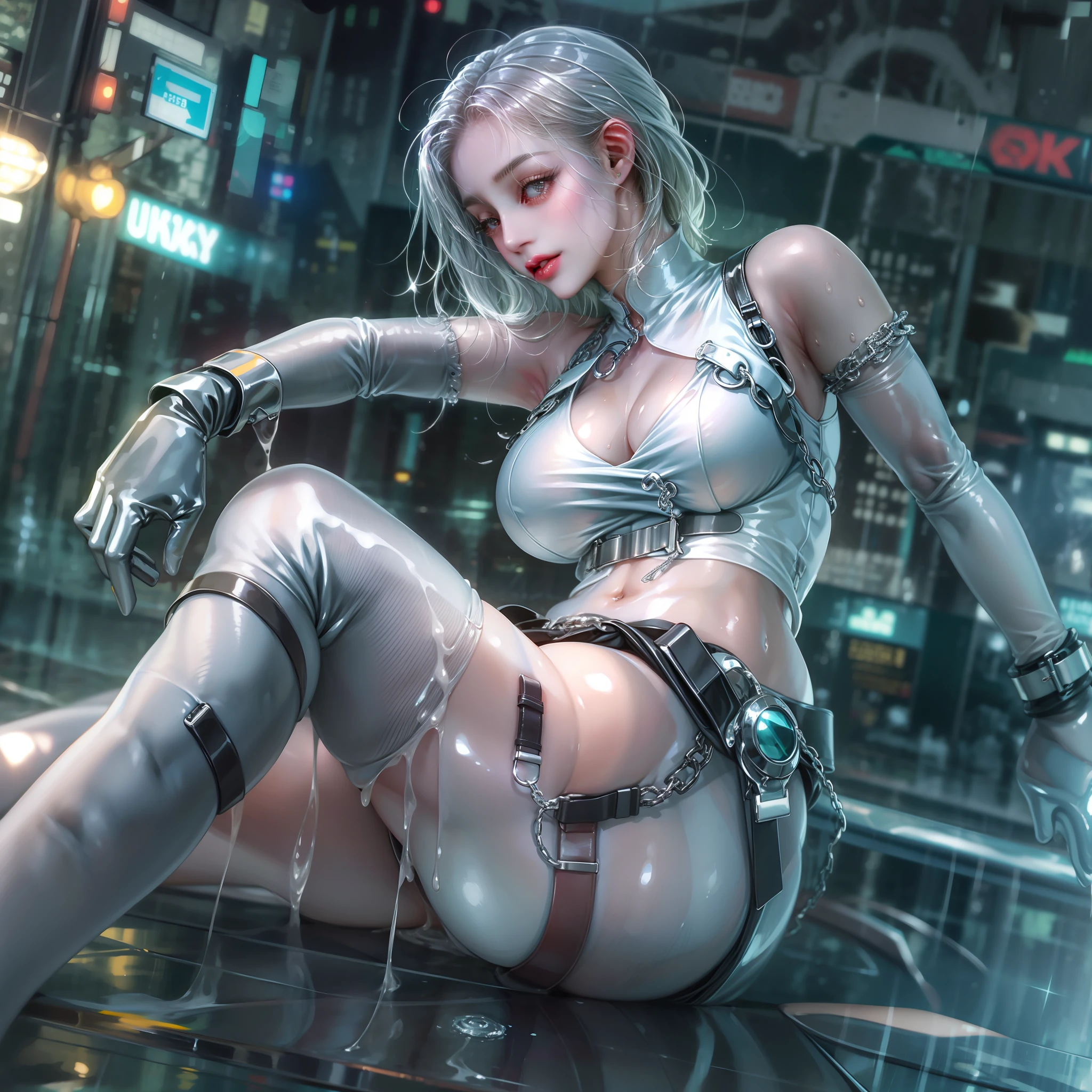 Thick white liquid dripping from the body,There was a woman wearing thick socks, thighs high socks, posed for photo, Shiny,, Shiny wet skin!!, Latex skin, an oppai cyberpunk,Chest exposure