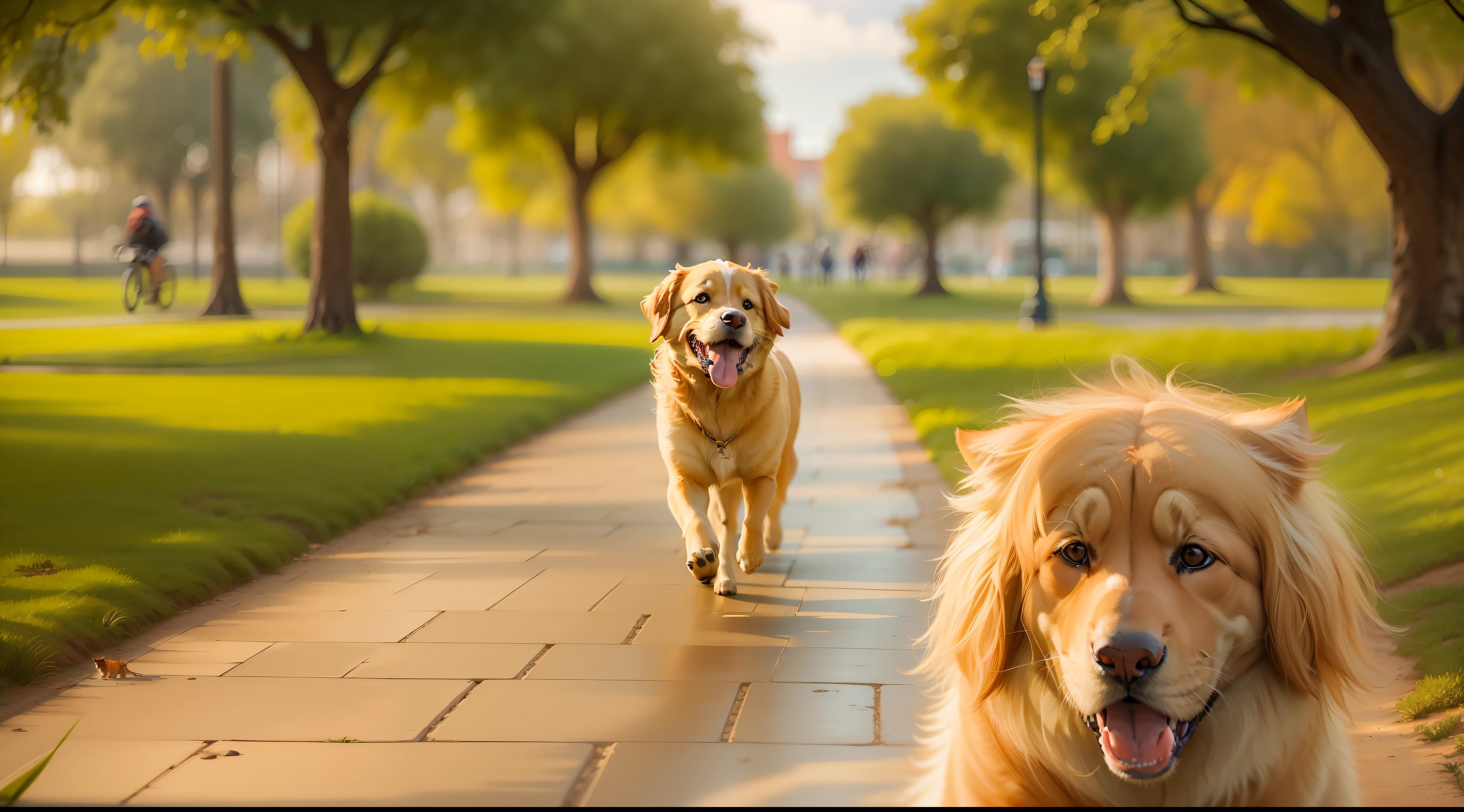 imagina un gato persa y un perro golden retriever dando un paseo en el parque