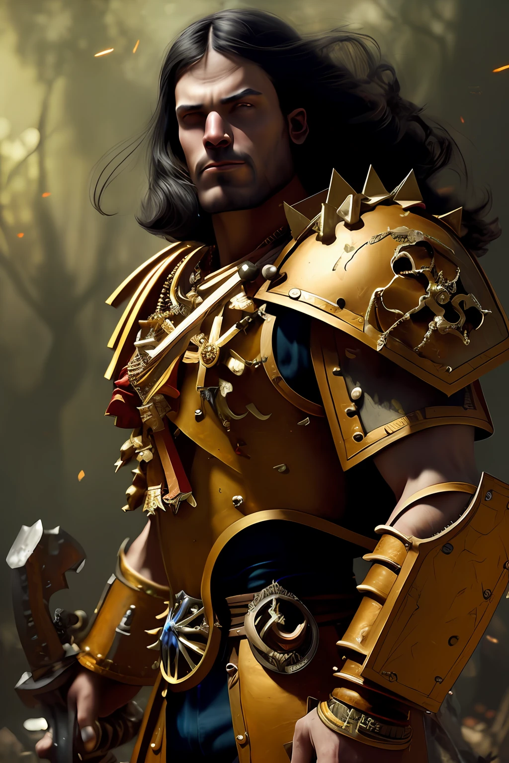 a (full - body:1.3) shot at 8k resolution, headband, full length, fantastic comic book style, Photorealistic, intense look, anatomical photorealistic digital painting portrait of a (old male:1.3) human (warrior:1.3) in black and gold intricate (heavy armor:1.3) with red hair in a (dark and moody universe:1.3), light particle, very detailed skin,samurai, very detailed eyes, (elden ring style:1.1), (warhammer style:1.3), concept artist, Global Illumination, Depth of field, headband, Artists: artgerm, Greg Rutkowski and Victoria Gavrilenko