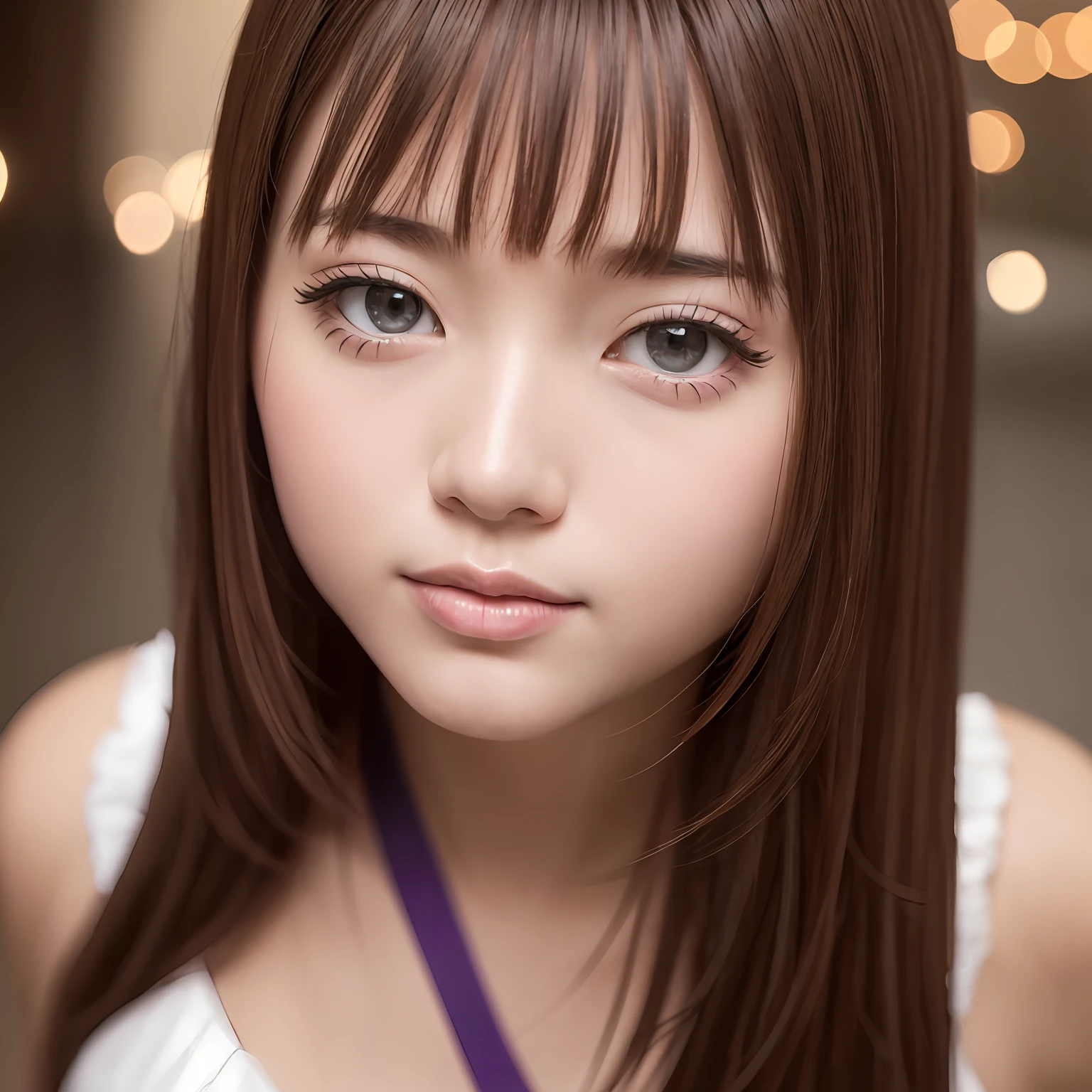 8k,An ultra-high picture quality,brightened light,The background will be, 35 year old, Troubled face, Pure white shiroi, high-level image quality, rialistic photo, Fantasia, Brown hair color, real looking skin, fulcolor, top-quality, extremely delicate and beautiful, Look at viewers, beatiful lights, High detail RAW color photos, Pro Photography, realisitic, photoRealstic, 独奏, full body Esbian, Beautiful purple dress, 美丽的面容, Beautiful lips, Shake your head --auto