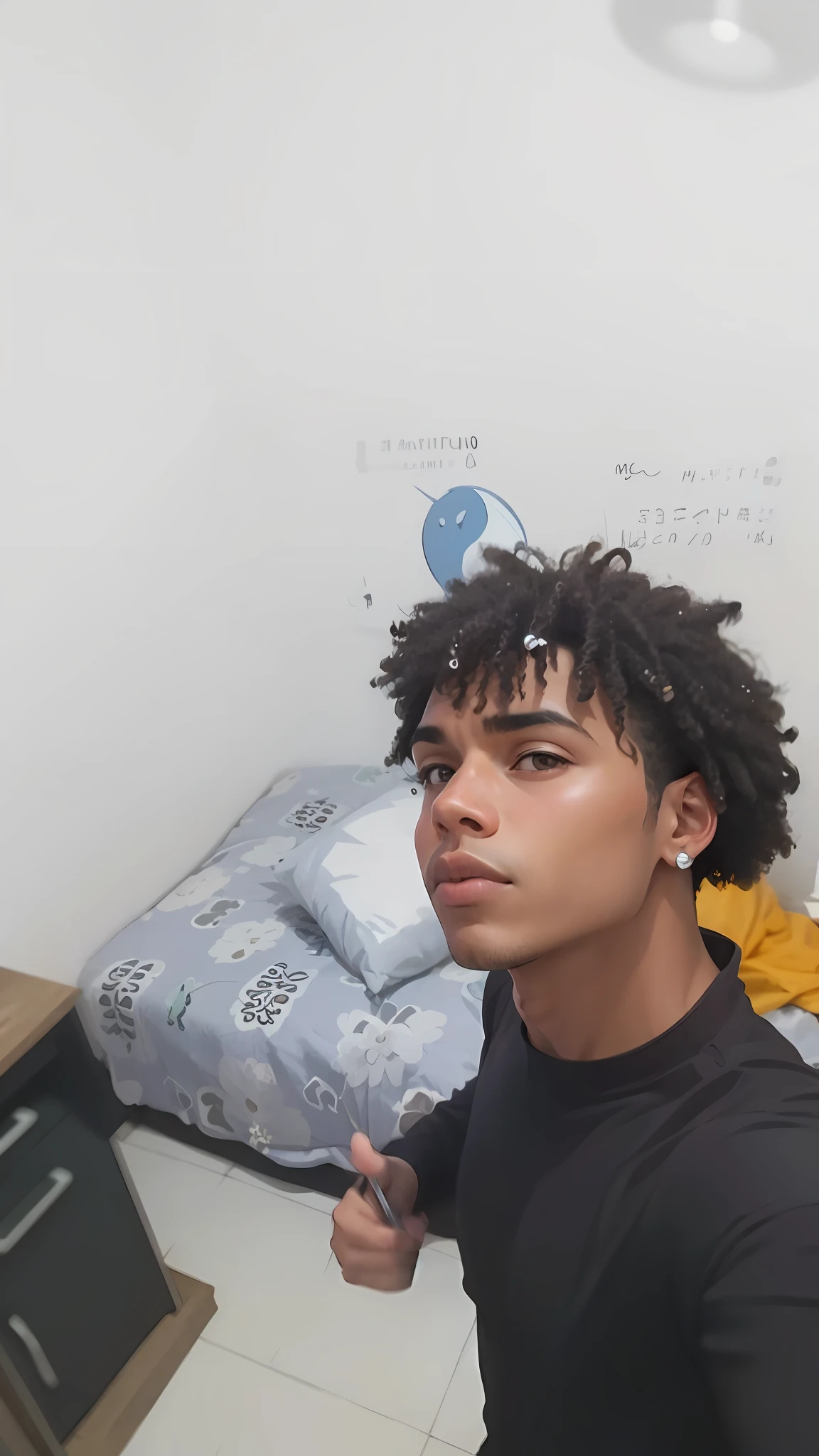 there is a man that is standing in a room with a bed, Parece Fabiula Nascimento, cabelos cacheados e curtos, afro encaracolado, imagem frontal, cachos por cima, cabelos cacheados medios, com afro, encaracolado, cabelo encaracolado curto escuro sor