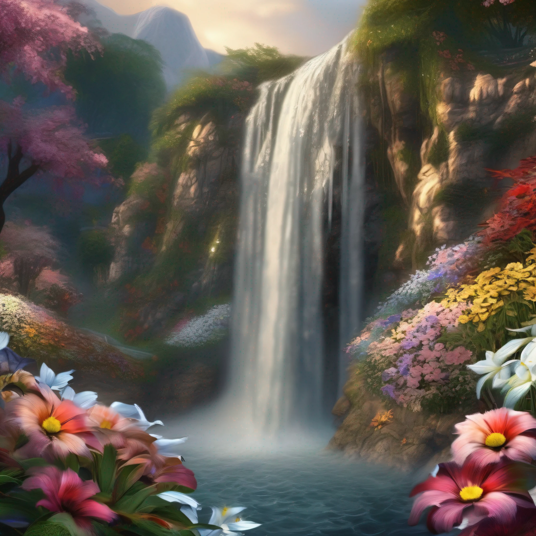 waterfallr,flower sea,The picture is of high quality,Art Ultra HD 8K, Detailed scenery —width 672, author:Franz Hergi, scenery art detailed, 8K high quality detailed art, 8K highly detailed digital art, A high resolution, 8K Matte Thomas Kincaid