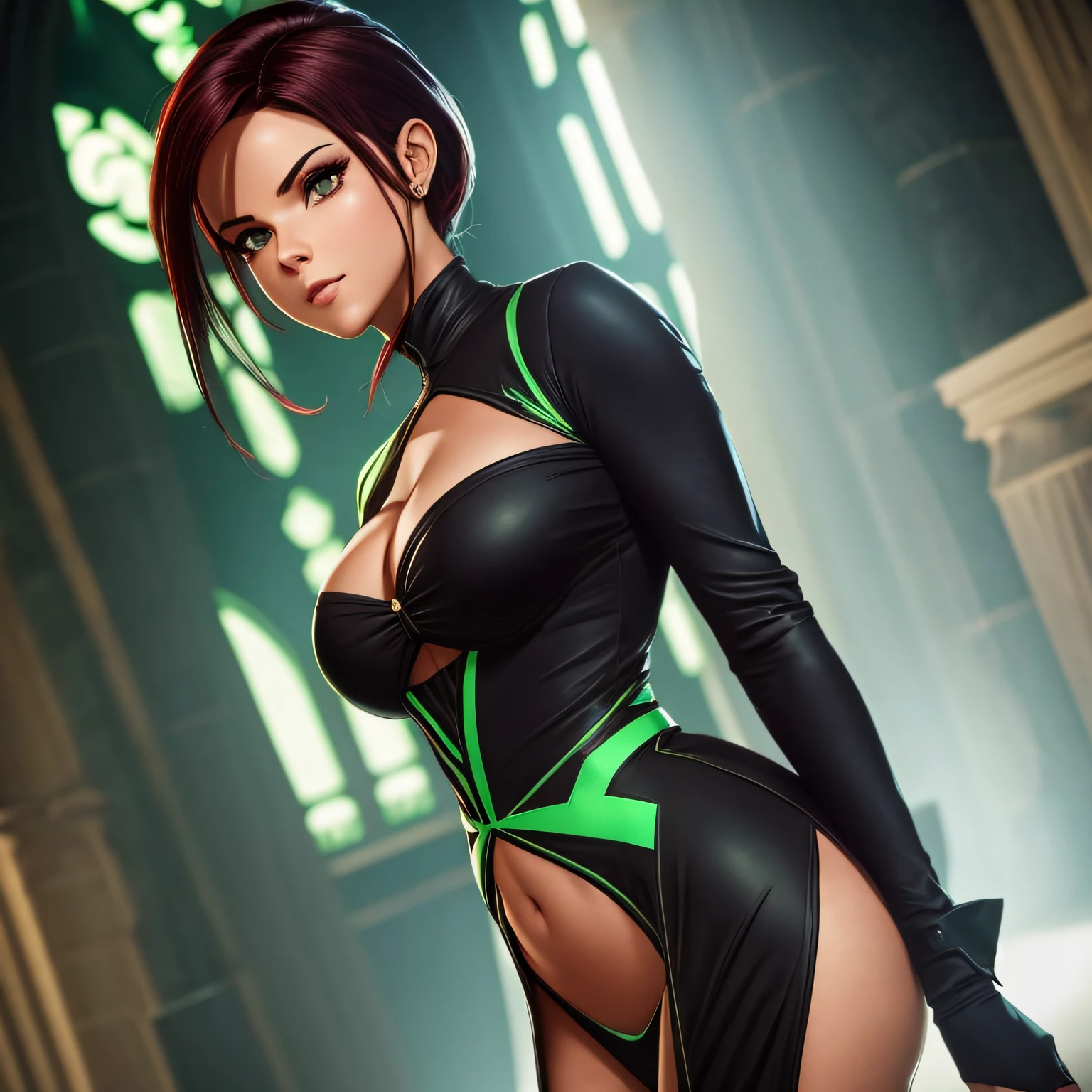 um close up de uma mulher em um vestido verde prateado com uma flor dourada vermelha em seu cabelo, rosto de uma americana, cabelo branco, olhos negros, batom verde, musculosa, bunda grande, mostrando a bunda, de quatro, Succubus em vestido curto apertado, elegant cinematic pose, character is in her natural pose, tracer in a skintight dress, Lockhart, Retrato sedutor Lockhart, thicc, Lockheart glamourosa, Cinematic Goddess Body Shot, corpo perfeito sombreado realista --auto