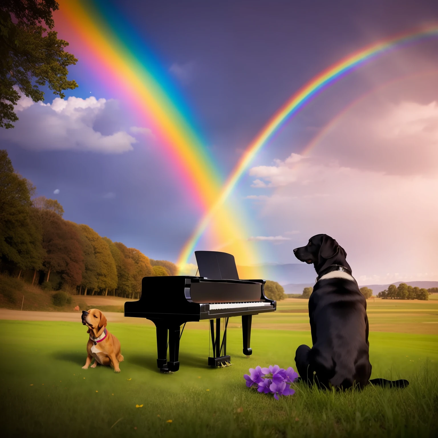 Ein niedlicher Hund, who happily plays the piano, sitzt an einem malerischen See. A stunning rainbow stretches in the background, adding a magical atmosphere to the scene. Photorealistisch --auto