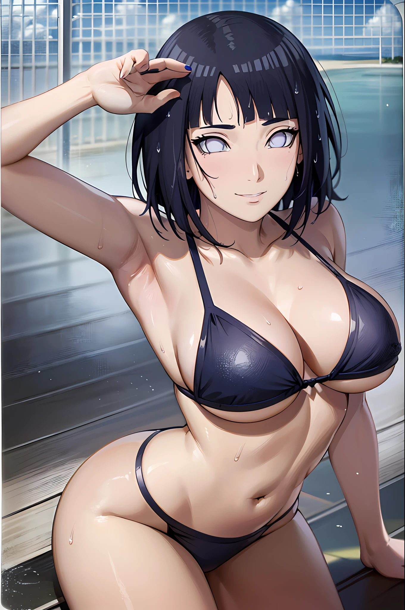 (masterpiece, 1k, anime style:1.9, bold drawing lines, plain, bare body, less clothing, rough shadows, taking off shirt, bare shoulders, beach, sea, soaked, soaked face, polished nails, seductive, white micro bikini, no shirt, showing off), hinata\(boruto\), mature female, standing, adjusting top, milf, (curvy:0.8), solo, short hair, hime cut, (dark blue hair color:1.1), white, big breasts, flat belly, perfect eyes, anime eyes, smoky eyeliner, eyeshadow, perfect face, shy, sharp focus, professional artwork, intricate details, colorful, vibrant colors, vivid colors, digital blending, ultra detailed body, ultra detail hair, ultra detail face, trending on pixiv, kind smile, happy, very hot colors, sunrays, leaning forward, beaten, dirty armpit