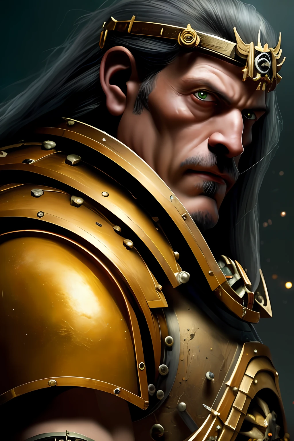 a (full - body:1.3) shot at 8k resolution, headband, full length, fantastic comic book style, Photorealistic, intense look, anatomical photorealistic digital painting portrait of a (old male:1.3) human (warrior:1.3) in black and gold intricate (heavy armor:1.3) with red hair in a (dark and moody universe:1.3), light particle, very detailed skin,samurai, very detailed eyes, (elden ring style:1.1), (warhammer style:1.3), concept artist, Global Illumination, Depth of field, headband, Artists: artgerm, Greg Rutkowski and Victoria Gavrilenko