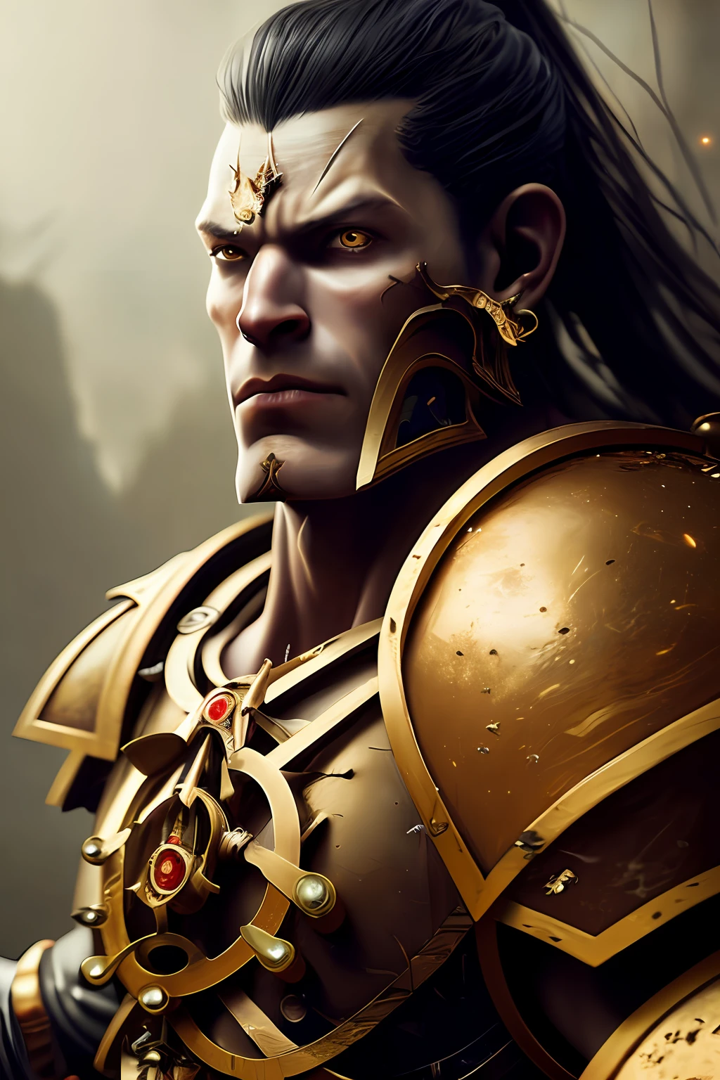a (full - body:1.3) shot at 8k resolution, headband, full length, fantastic comic book style, Photorealistic, intense look, anatomical photorealistic digital painting portrait of a (old male:1.3) human (warrior:1.3) in black and gold intricate (heavy armor:1.3) with red hair in a (dark and moody universe:1.3), light particle, very detailed skin,samurai, very detailed eyes, (elden ring style:1.1), (warhammer style:1.3), concept artist, Global Illumination, Depth of field, headband, Artists: artgerm, Greg Rutkowski and Victoria Gavrilenko