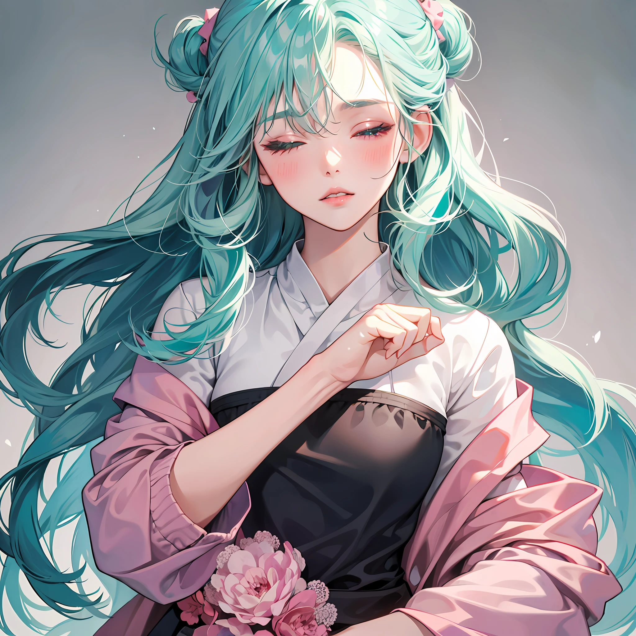 1girl, one eye closed, solo, grey background, aqua hair, blush, upper body, pink eyes, long sleeves, parted lips --auto