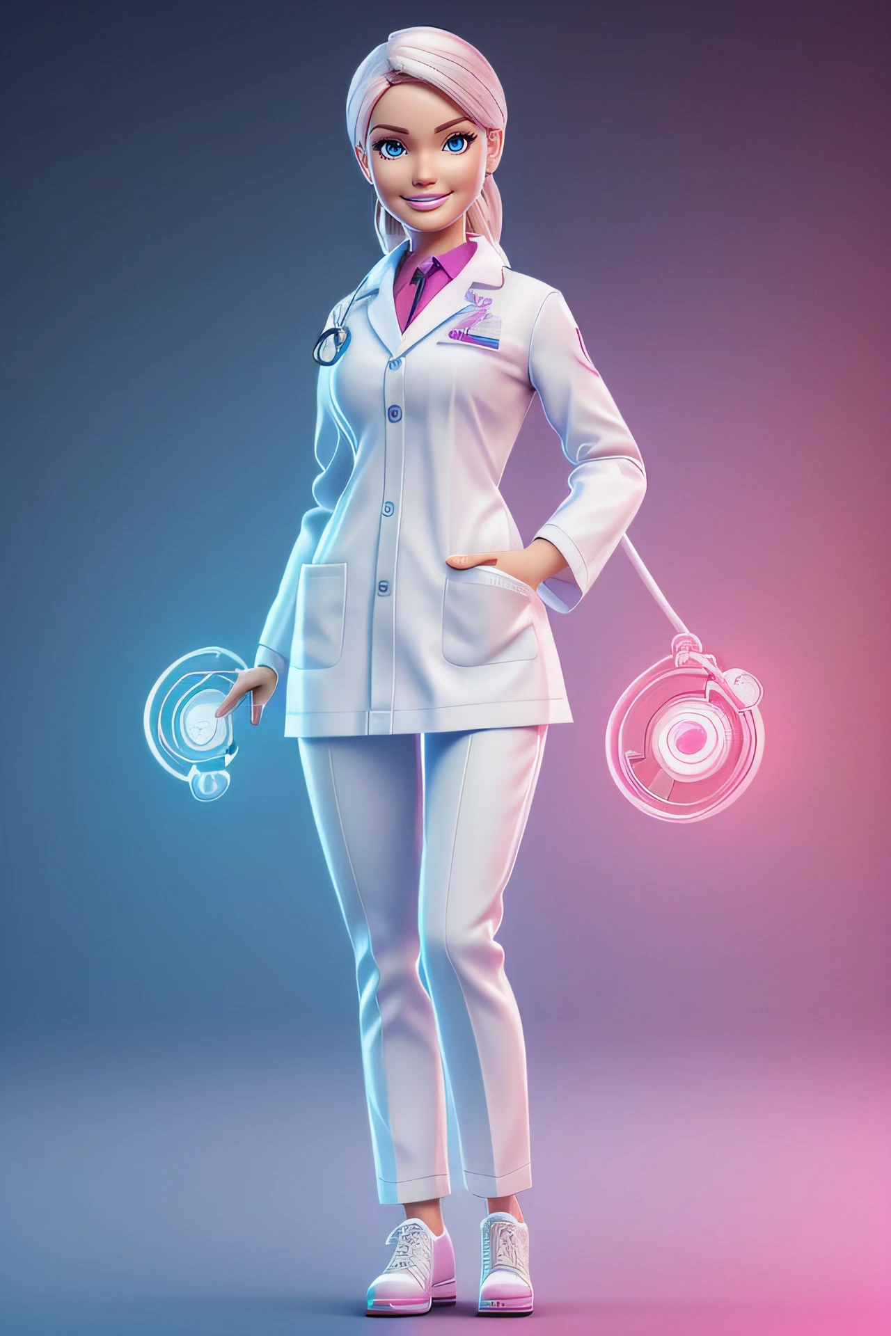 Barbie, female doctor, Cabelo grande, loiro, corpo inteiro, standingn, rosto sorridente bonito, olhos azuis, longos cabelos loiros, dressing as a doctor, detalhado, ultra high def, 8K, no estilo de 3D Scan Store e Epic Games --auto