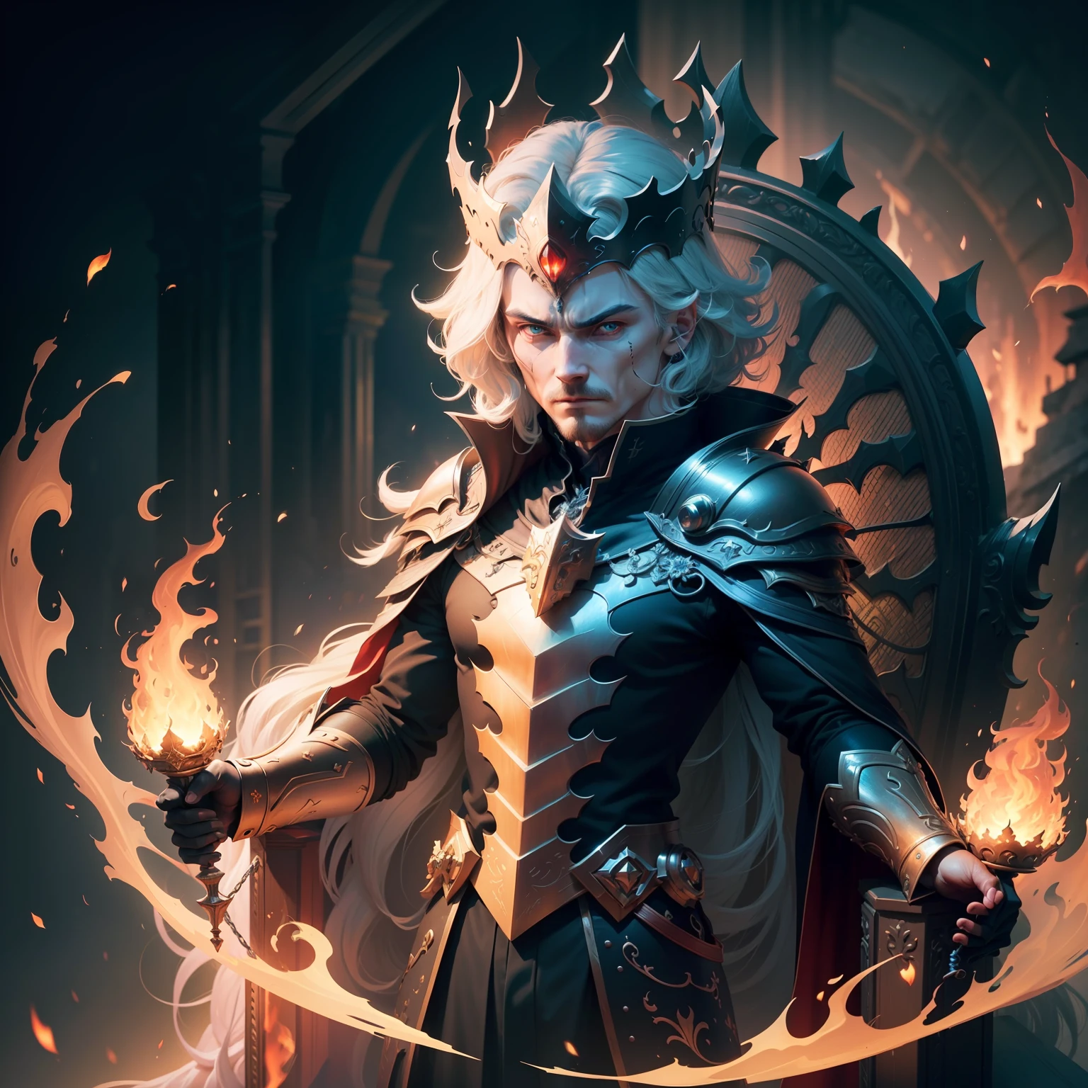 (extremely detailed CG unity 8k wallpaper, masterpiece, best quality, ultra-detailed), (Heaven: 0.6 + Hell + Ghost: 1.2 + Hades: 1.5+ Underworld: 1.4), King of Yan, Throne, Crown, Green Clothes, Mask, Dill Red Light, Flames, Underworld Background, HD Sharp, Extremely Realistic.