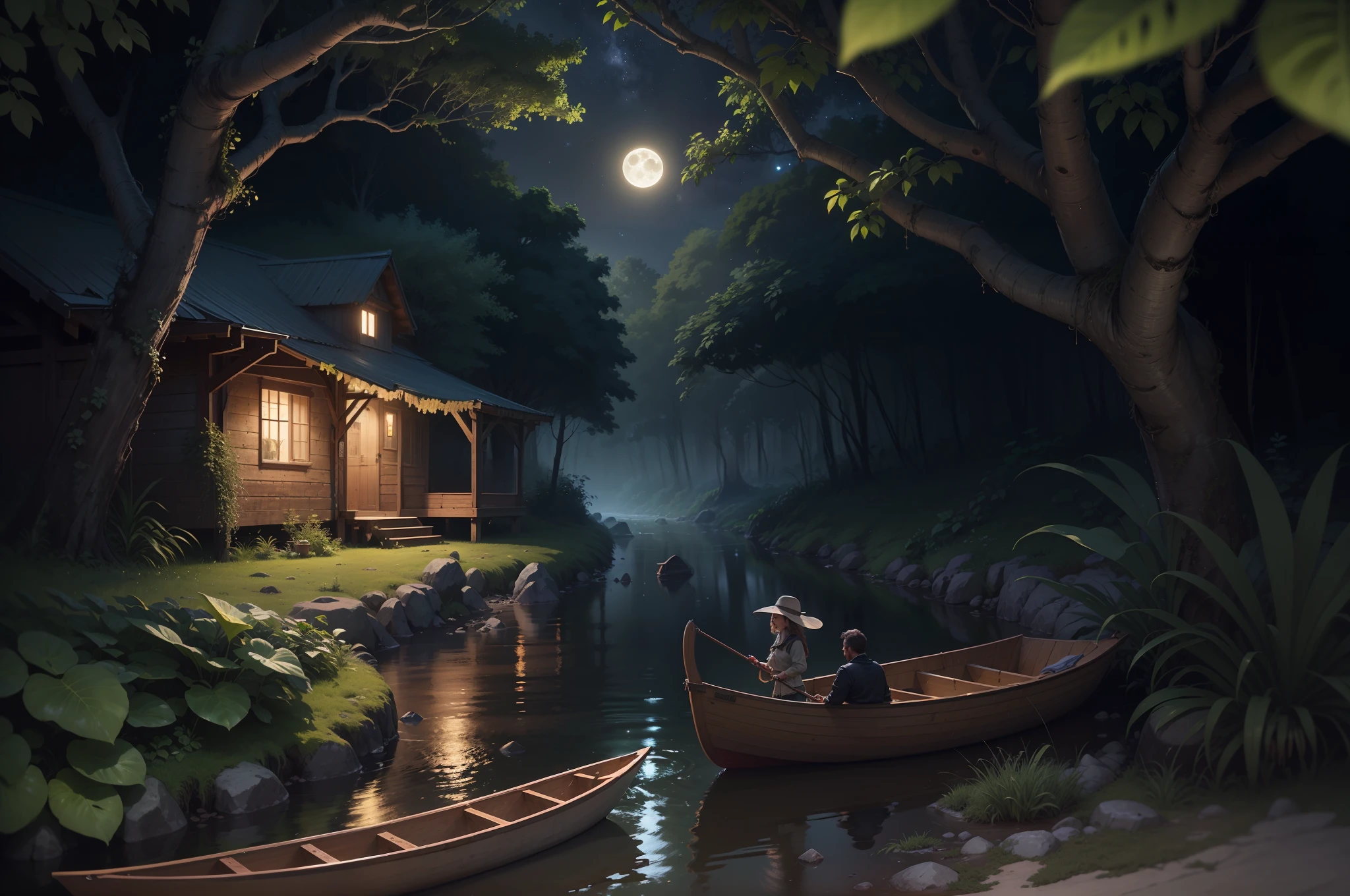 Nighttime, the full moon and bright stars fill the sky, lush vegetation, tropical jungle, a river weaves it's way through the lowlands, a canoe, a small band of adventurers camp by the river's edge, covered in moss and vines, nocturnal animals, epic composition, realistic lighting, high-definition detail, masterpiece, best quality, (very detailed CG unified 8k wallpaper), (best quality), tyndall effect, bokeh, depth of field