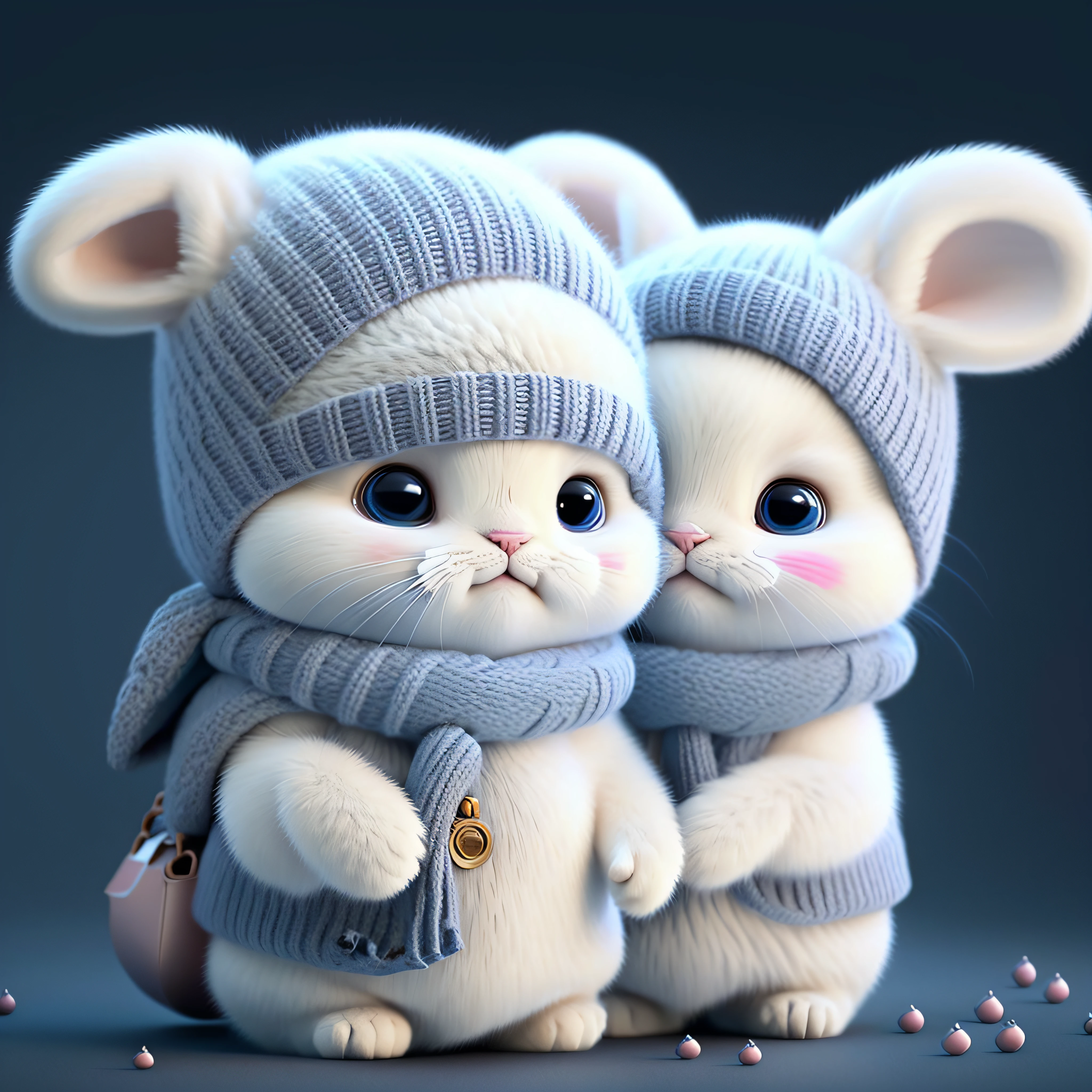 There is a white cat wearing a blue scarf and hat, Cute detailed digital art, lovely digital painting, adorable digital art, cute 3 d render, Cute cartoon character, Cute! C4D, Anthropomorphic mouse, cute detailed artwork, furry digital art, cute anthropomorphic bunny, cute character, cute artwork, digital art render --auto