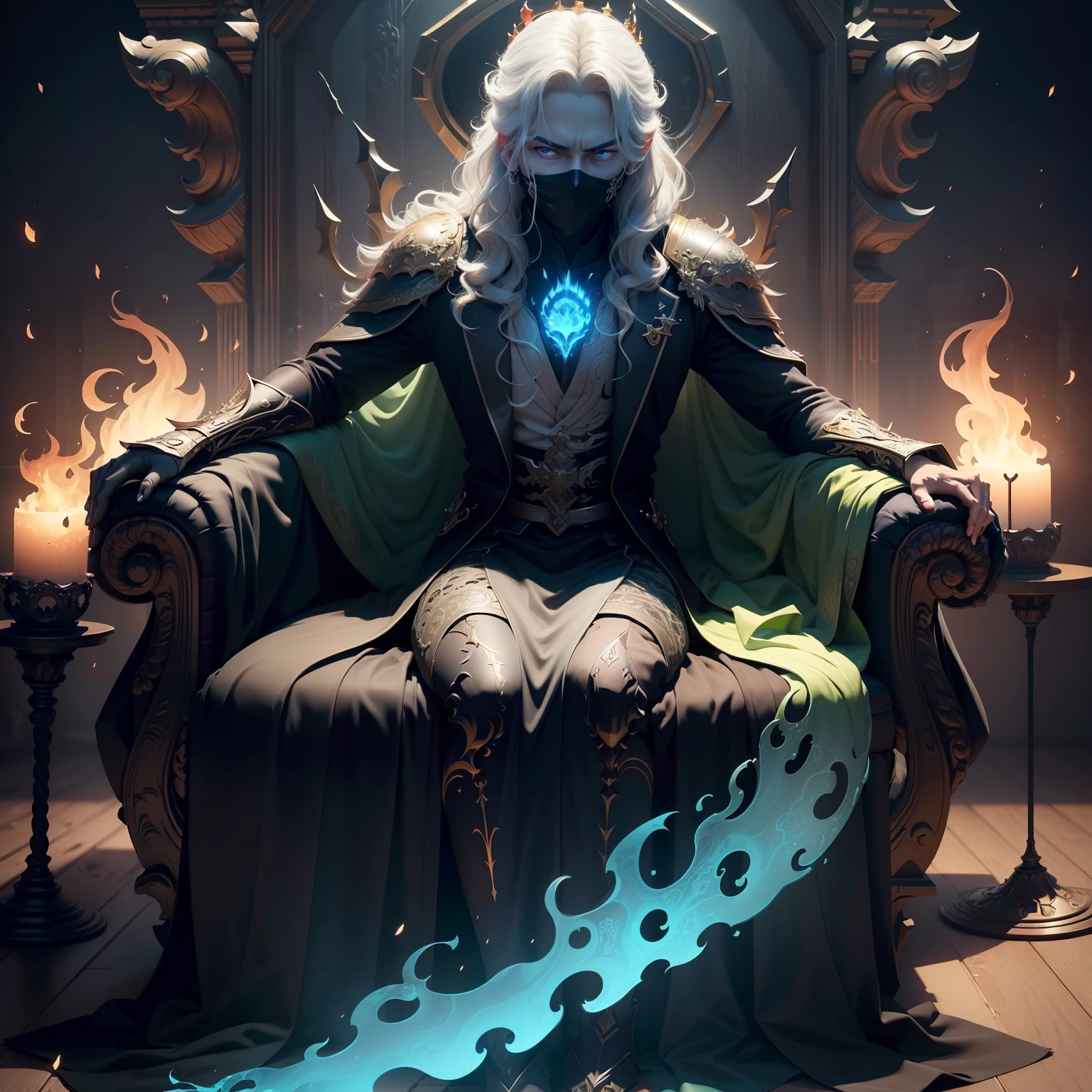 (extremely detailed CG unity 8k wallpaper, masterpiece, best quality, ultra-detailed), (Heaven: 0.6 + Hell + Ghost: 1.2 + Hades: 1.5+ Underworld: 1.4), King of Yan, Throne, Crown, Green Clothes, Mask, Dill Red Light, Flames, Underworld Background, HD Sharp, Extremely Realistic.