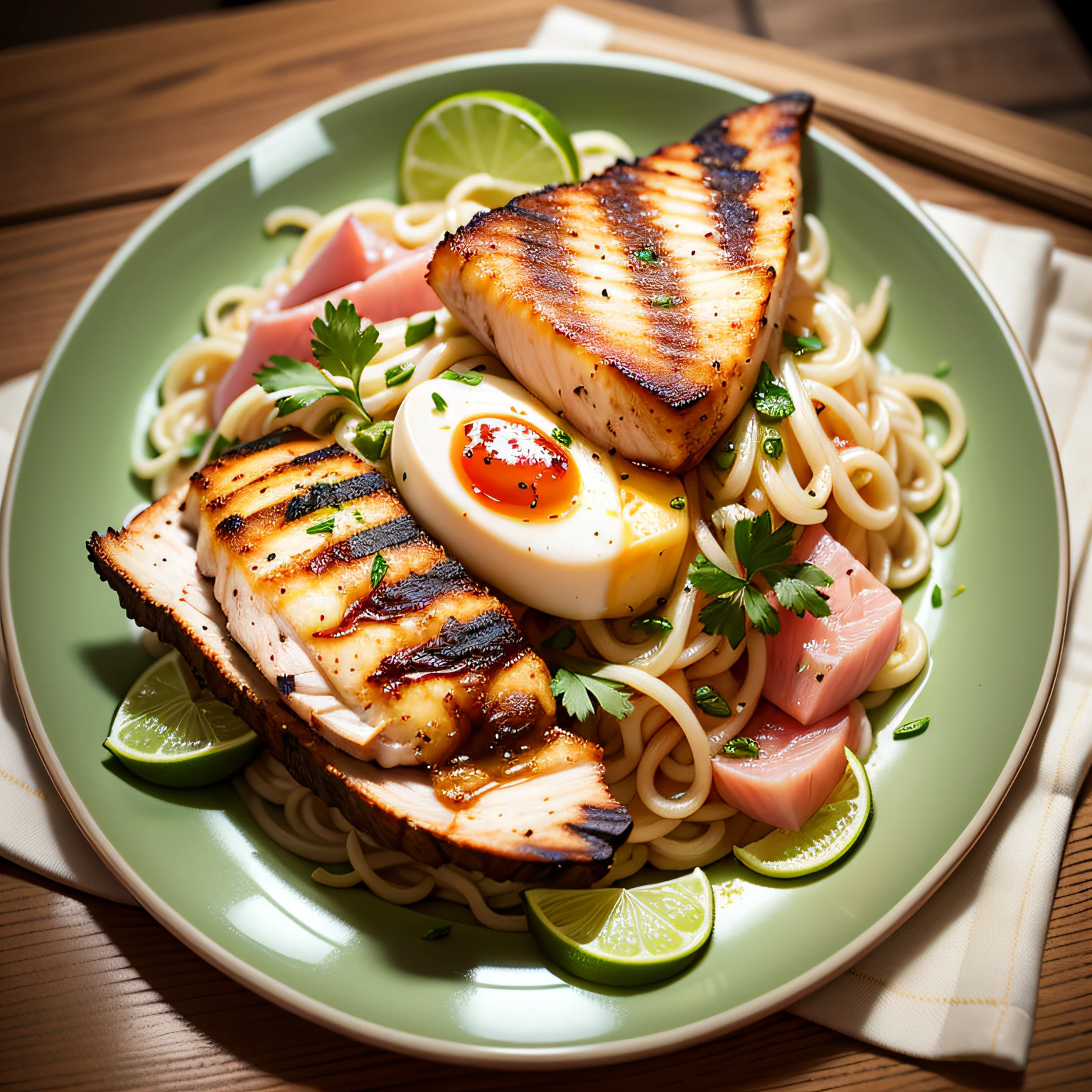 create with high quality and richness of detail a plate of Screw Noodles to the Portuguese, with pieces of ham cut into small squares, azeitonas fatiadas, ervilha verde fresca, green smell and accompanied by 2 fillets of grilled chicken in garlic. Baseado nas receitas dos melhores cozinheiros Michelan