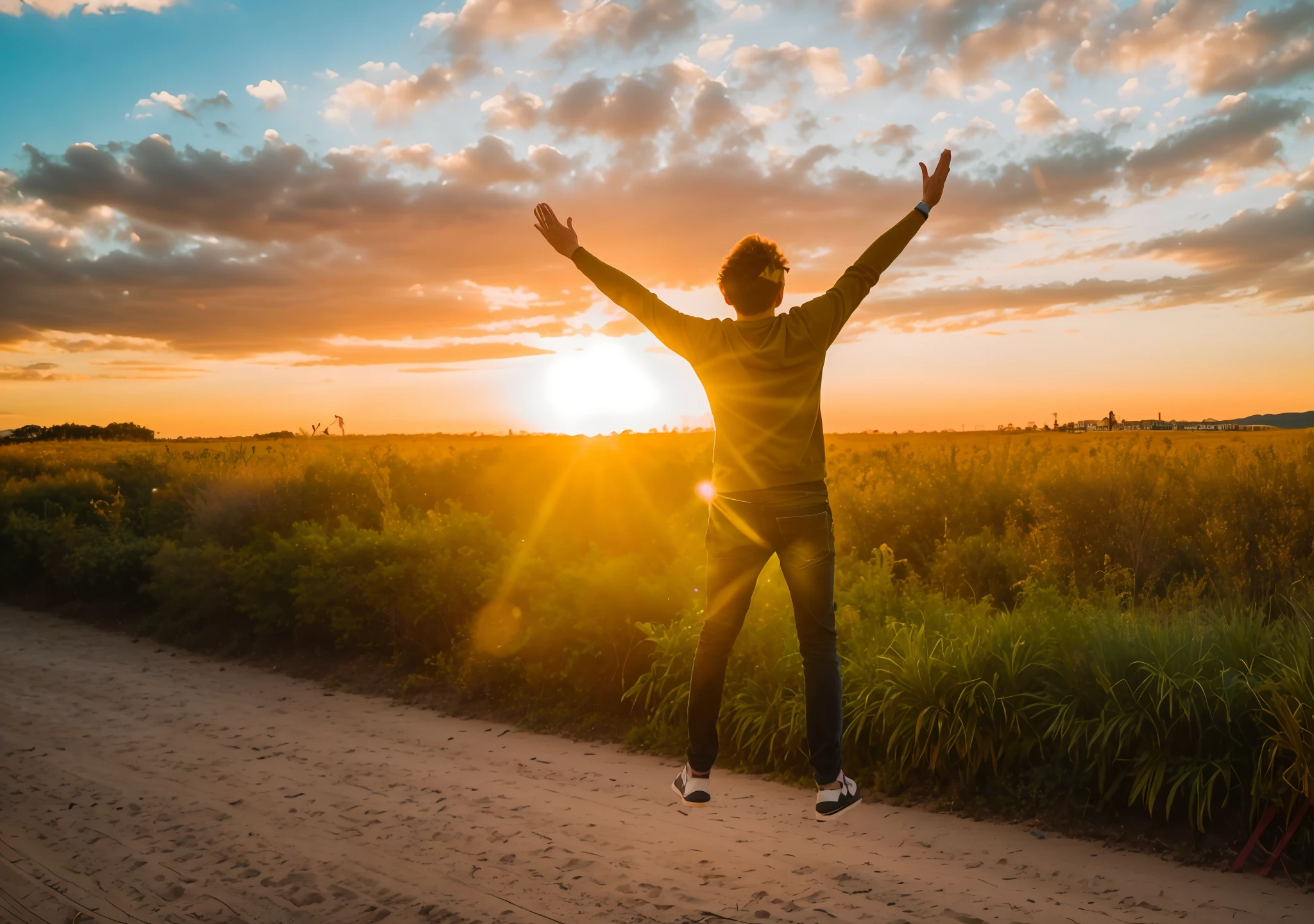 Araffe standing on a dirt road with his arms outstretched in the air, louvando o sol, arms stretched out, arms outstretched, standing triumphant and proud, Directed by: Niko Henrichon, morning golden hour, Foto em alta de 2019, pexels, Directed by: Dietmar Damerau, Vencedor do concurso Pexels, O homem encontra a felicidade