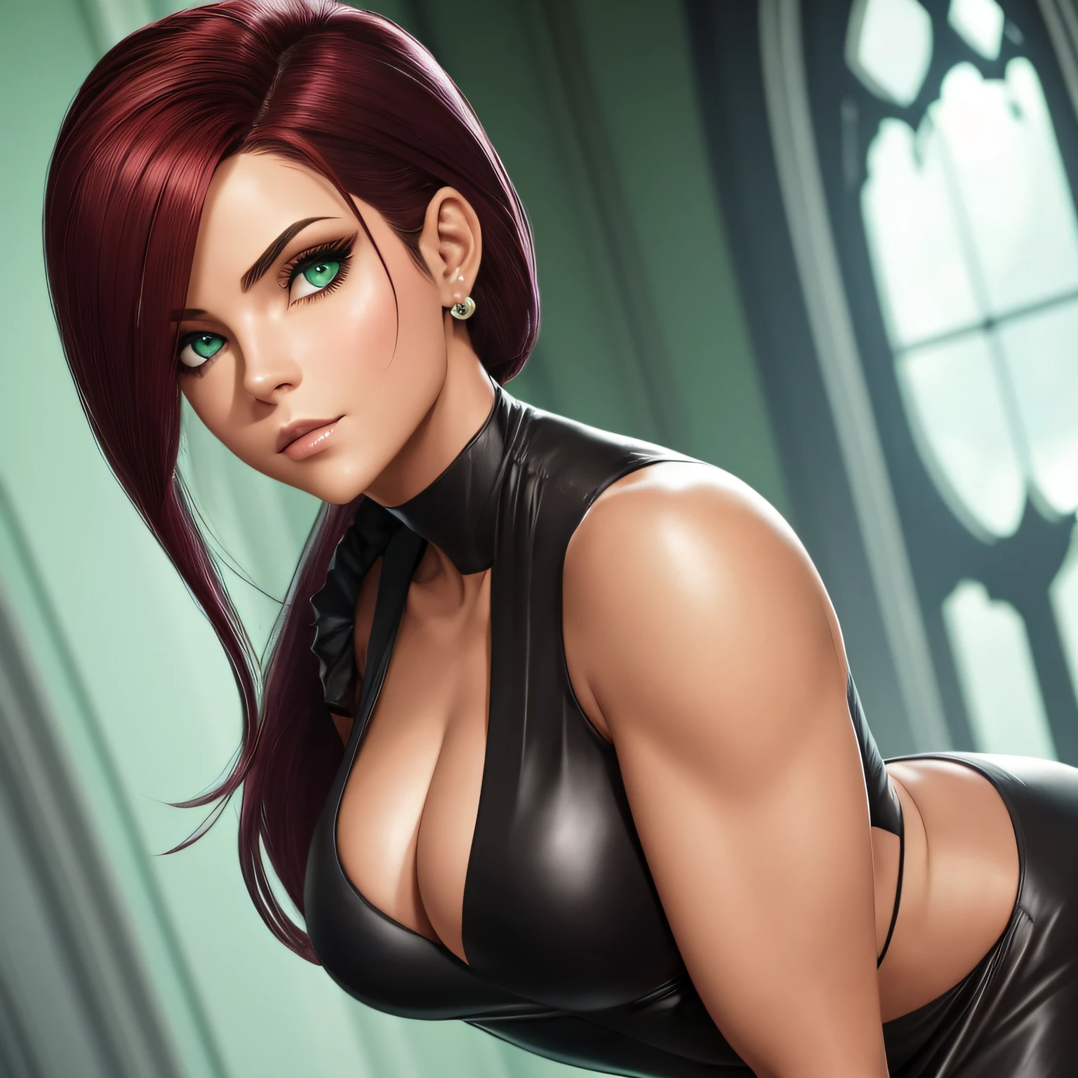 um close up de uma mulher em um vestido verde prateado com uma flor dourada vermelha em seu cabelo, rosto de uma americana, cabelo branco, olhos negros, batom verde, musculosa, bunda grande, mostrando a bunda, de quatro, Succubus em vestido curto apertado, elegant cinematic pose, character is in her natural pose, tracer in a skintight dress, Lockhart, Retrato sedutor Lockhart, thicc, Lockheart glamourosa, Cinematic Goddess Body Shot, corpo perfeito sombreado realista --auto