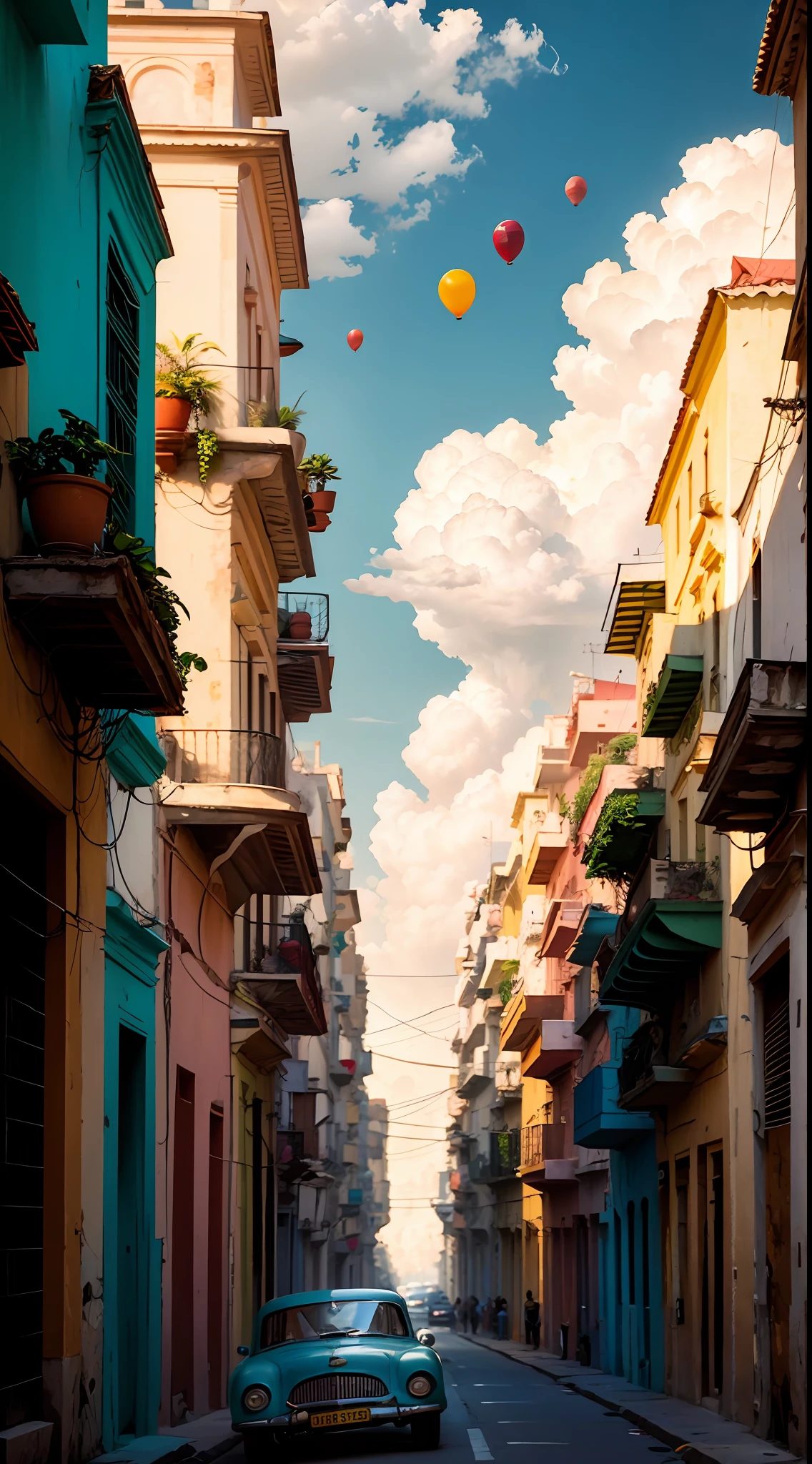 scenery of Havana in Cuba, Formula One cars, balloons flying in the sky. --auto