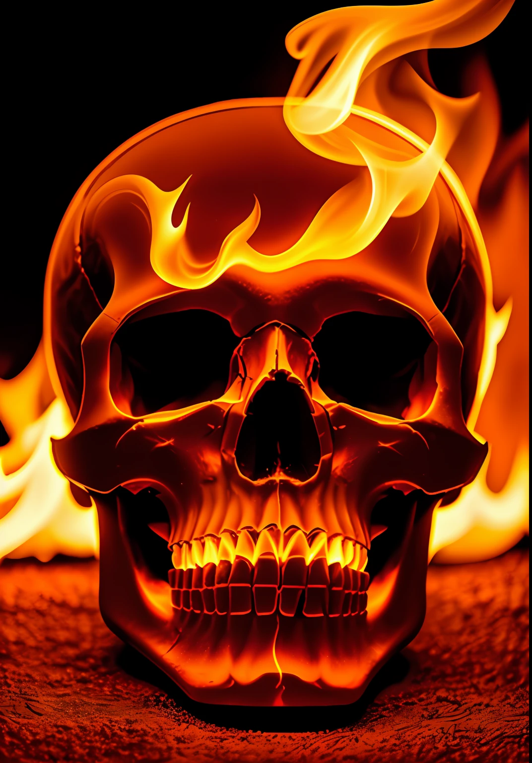 old human skull glowing in the dark with fire all around, uma rosa vermelha com arma de fogo