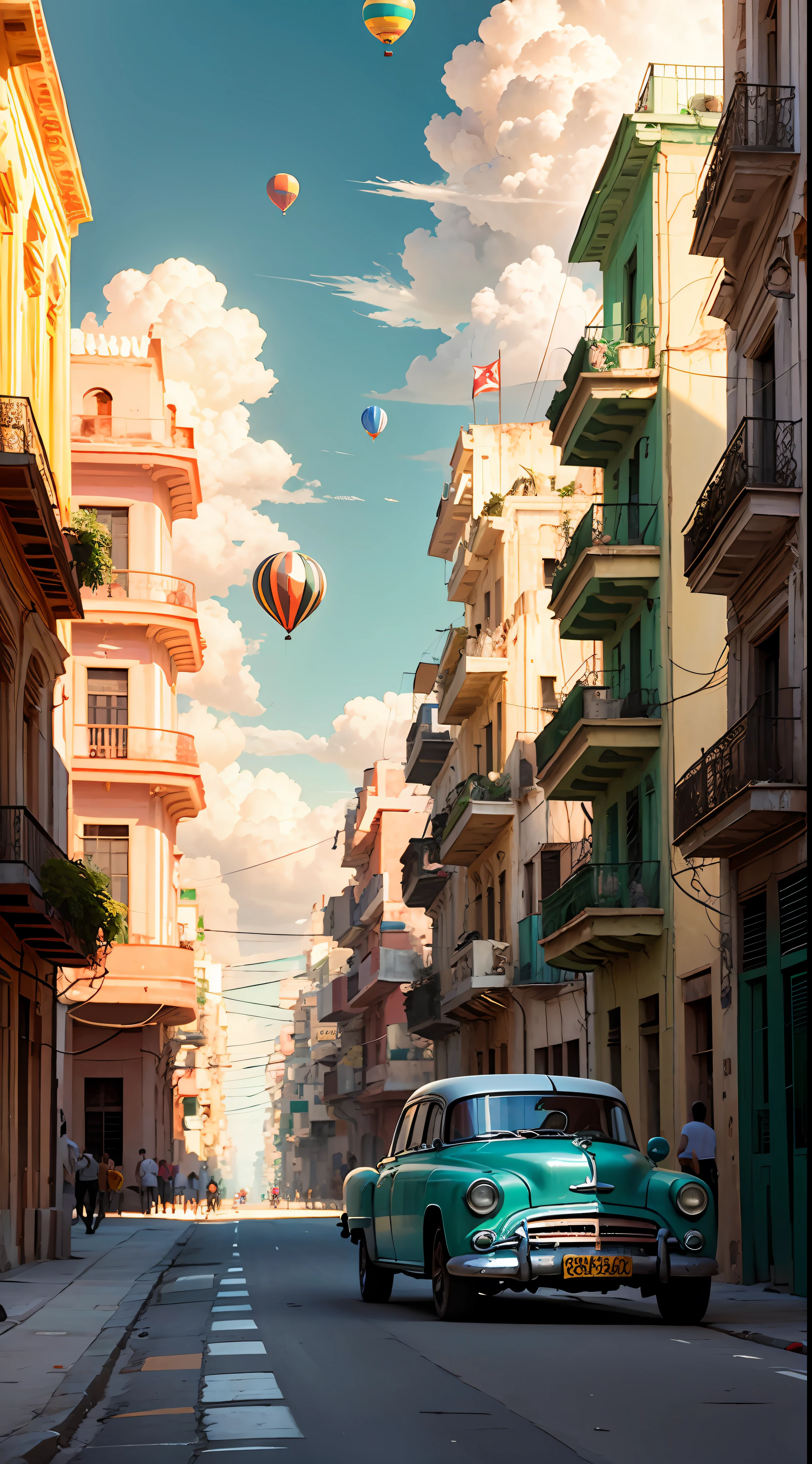 scenery of Havana in Cuba, Formula One cars, balloons flying in the sky. --auto