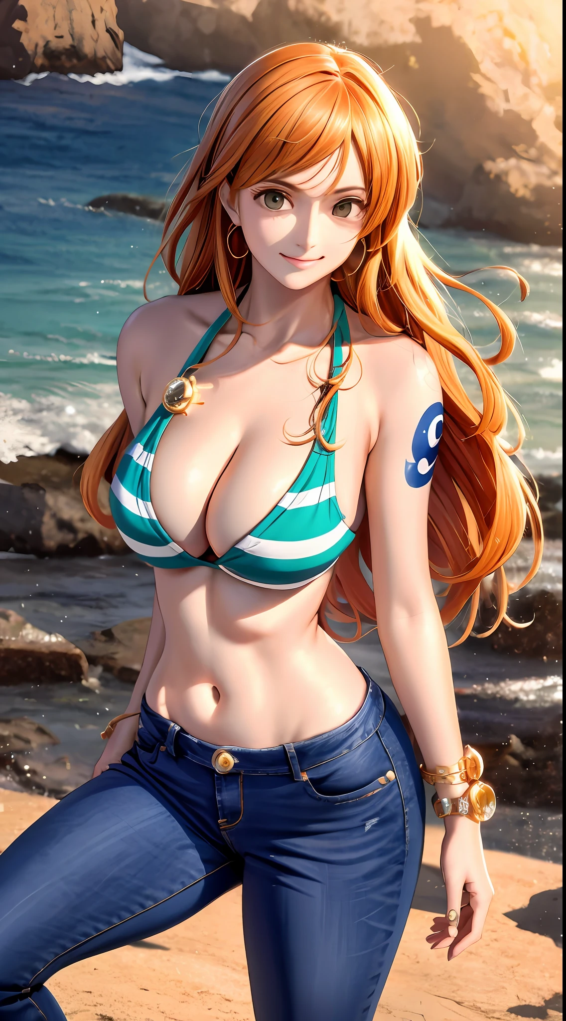 Nami de One Piece , corpo inteiro, soft-lighting, 1girl, dinamic angle, lifelike lighting, (textura natural da pele, hiper-realismo, luz suave, clear: 1.2), navio pirata, golden chest, (detalhes intrincados: 1.12), obra-prima hdr, melhor qualidade, (foto altamente detalhada: 1.1), 8k, fotorrealista, melhor qualidade, ultra-detalhado, Pele de alto detalhe, ultra-detalhado ((corpo inteiro incluindo pernas)), Nami cosplay, melhor qualidade, (beleza), rosto garota 20 anos, rosto bonito, obra-prima, Physics-based rendering, ultra highres, cintura estreita, magro, olhos grandes, pernas longas, (seios grandes), olhos inchados, dia, pele brilhante , de frente para o espectador, firm expression, realista, mulher, sexy, long jeans