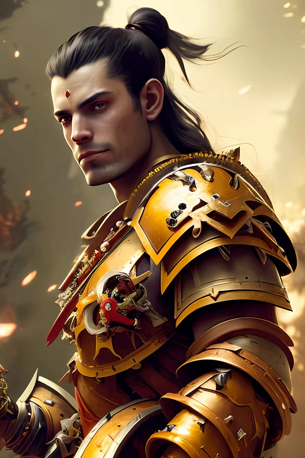 a (full - body:1.3) shot at 8k resolution, headband, full length, fantastic comic book style, Photorealistic, intense look, anatomical photorealistic digital painting portrait of a (old male:1.3) human (warrior:1.3) in black and gold intricate (heavy armor:1.3) with red hair in a (dark and moody universe:1.3), light particle, very detailed skin,samurai, very detailed eyes, (elden ring style:1.1), (warhammer style:1.3), concept artist, Global Illumination, Depth of field, headband, Artists: artgerm, Greg Rutkowski and Victoria Gavrilenko
