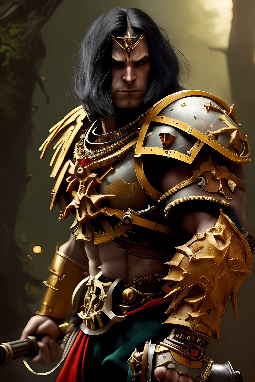 a (full - body:1.3) shot at 8k resolution, headband, full length, fantastic comic book style, Photorealistic, intense look, anatomical photorealistic digital painting portrait of a (old male:1.3) human (warrior:1.3) in black and gold intricate (heavy armor:1.3) with red hair in a (dark and moody universe:1.3), light particle, very detailed skin,samurai, very detailed eyes, (elden ring style:1.1), (warhammer style:1.3), concept artist, Global Illumination, Depth of field, headband, Artists: artgerm, Greg Rutkowski and Victoria Gavrilenko