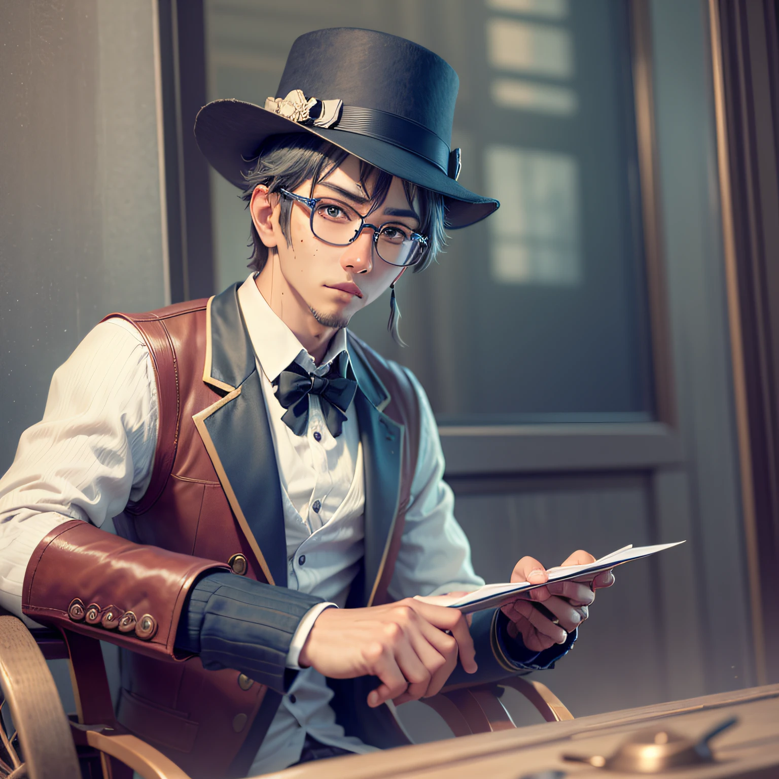 (Super Detailed CG Unified 8k Masterpiece Anime Gentleman、Man in bowler hat、eye glass) ,Realism, Asian Male, Blue eyes, the presence of freckles on his face,, white shirt、Sitting in a carriage looking out the street window. --auto