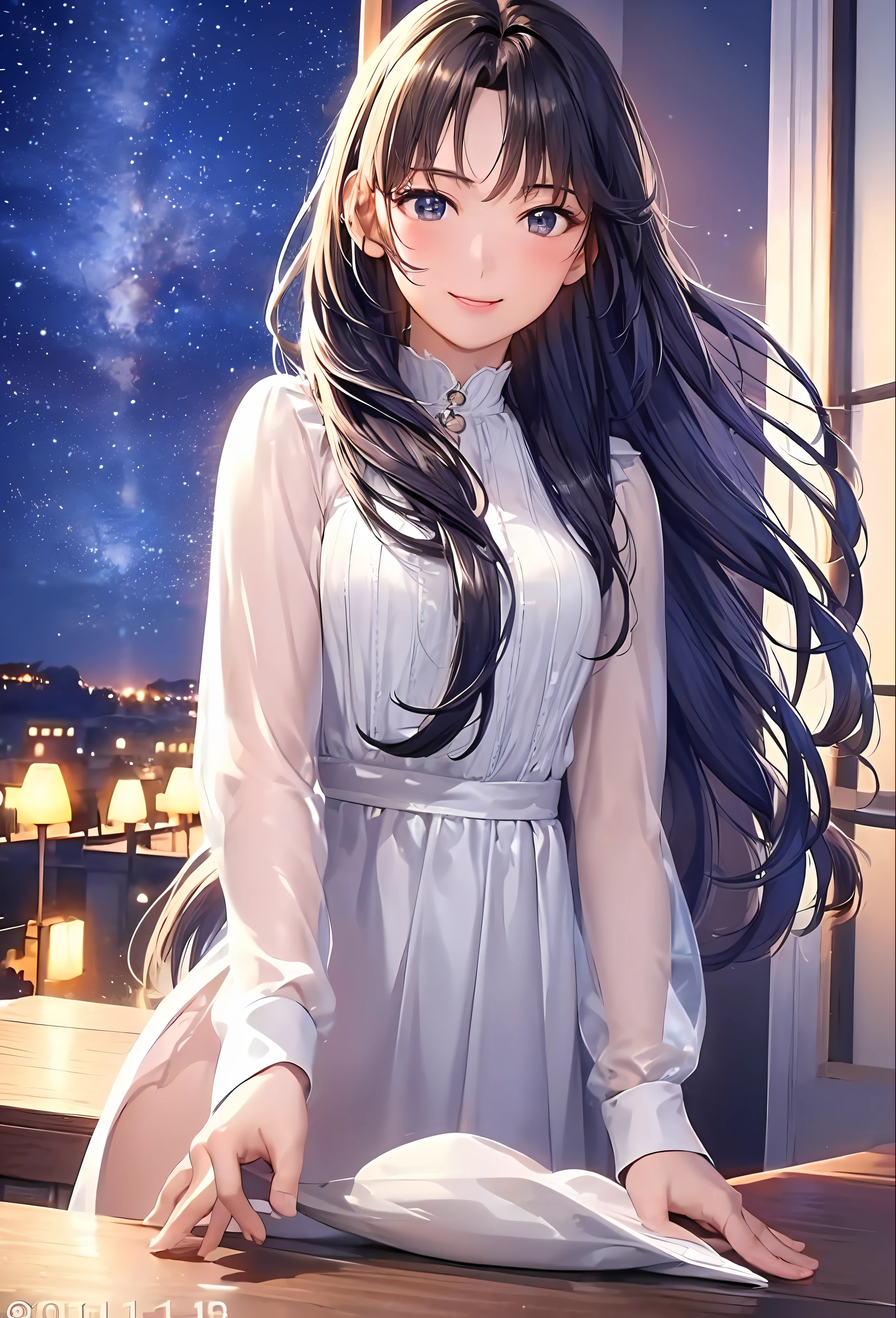 (8k, top quality, masterpiece: 1.2), (realistic, photorealistic: 1.37), super detailed, girl single, cute, solo, midnight, beautiful detailed sky, detailed café, sitting, date, (blush), (smile: 1.15), small breasts (mouth closed), beautiful fine eyes, floating hair NovaFrogStyle, back open dress