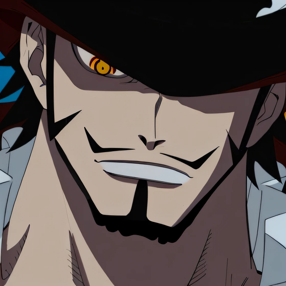 A closeup of a man with a hat and mustache, from one piece, Retrato de Shanks Le Roux, sorriso roguish, Luffy (one piece, piercing stare, Luffy, Engrenagem Luffy 5, sorriso nefasto, menacing stare, sorriso de estrangulamento sorriso sorriso, Macaco D Luffy, Tiroteio, olhar intimidador