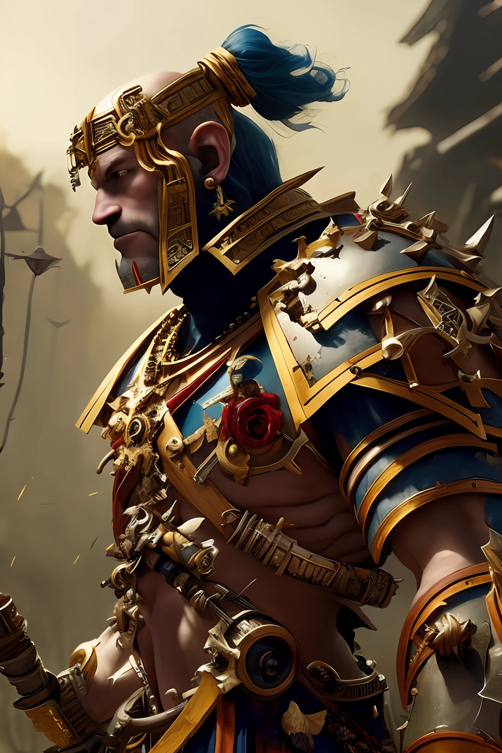 a (full - body:1.3) shot at 8k resolution, headband, full length, fantastic comic book style, Photorealistic, intense look, anatomical photorealistic digital painting portrait of a (old  male:1.3) human (warrior:1.3) in black and gold intricate (heavy armor:1.3) with red hair in a (dark and moody universe:1.3), light particle, very detailed skin,samurai, very detailed eyes, (elden ring style:1.1), (warhammer style:1.3), concept artist, Global Illumination, Depth of field, headband, Artists: artgerm, Greg Rutkowski and Victoria Gavrilenko