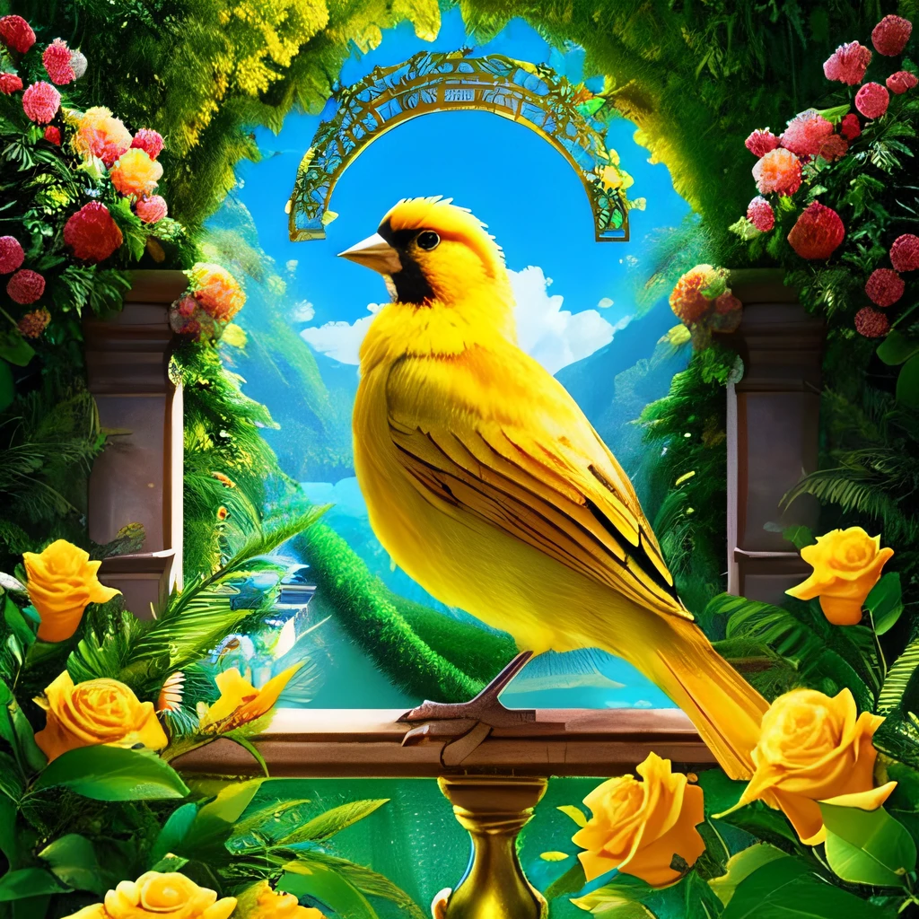a yellow bird sitting on a railing surrounded by flowers, Fundo do jardim real, Royal bird, tema magia amarela, 🐿🍸🍋, Michael Cavalo (Motor irreal, mystical birds, jardim encantado, Jardim Secreto, beautiful eden garden, inspirado em Balthasar van der Ast, surrealistic bird, Os jardins turbulentos da imperatriz
