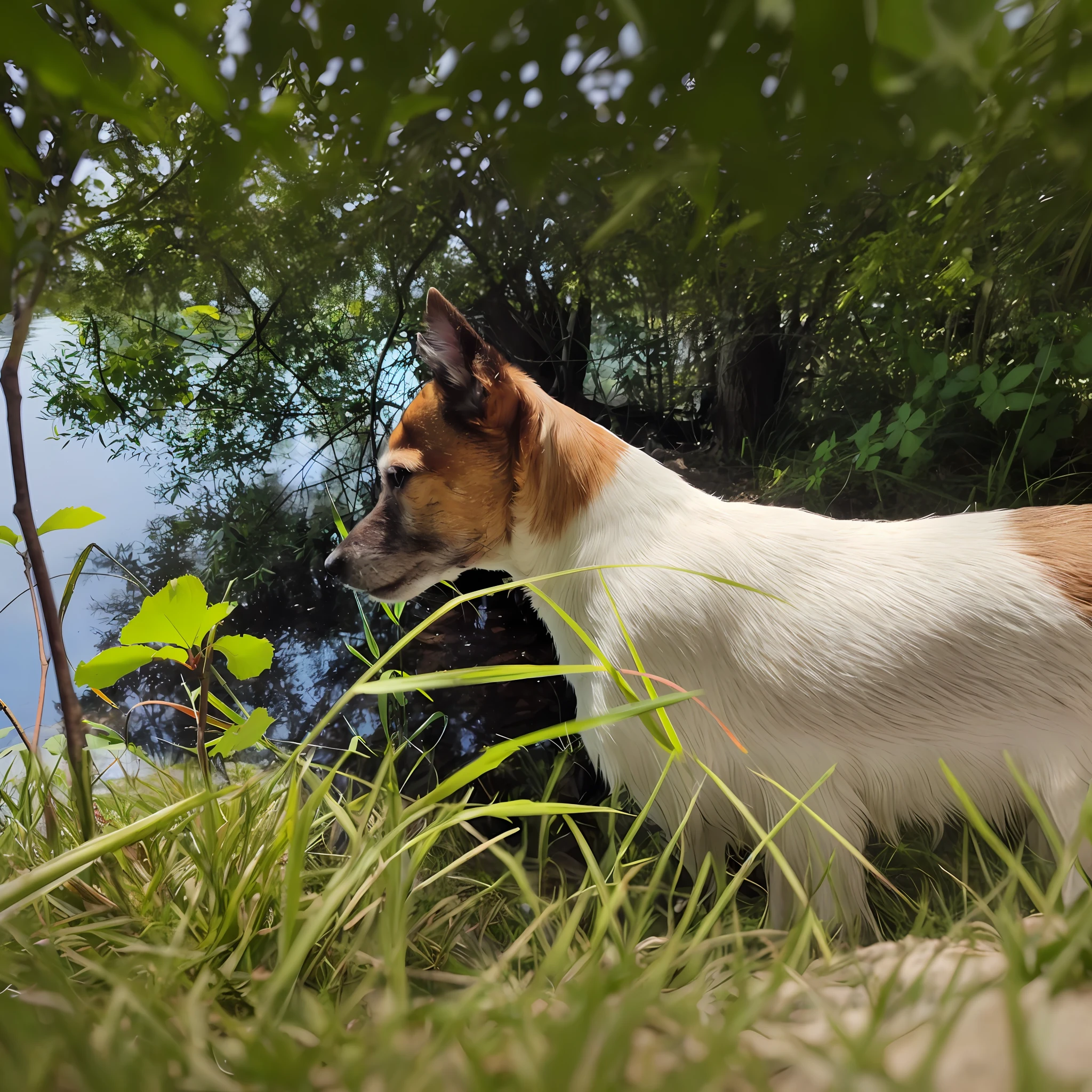 Es gibt einen Hund, der im Gras am Wasser steht, Jack Russel Terrier, Blick von der Seite, Blick aufs Wasser, Blick von der Seite!, Blick zur Seite, rechtes Seitenprofil, Von der Kamera wegschauen, Blick zur Seite, Seitliche Profilaufnahme, Von der Kamera wegschauen, Blick zur Seite von der Kamera, Jack Russel Hund