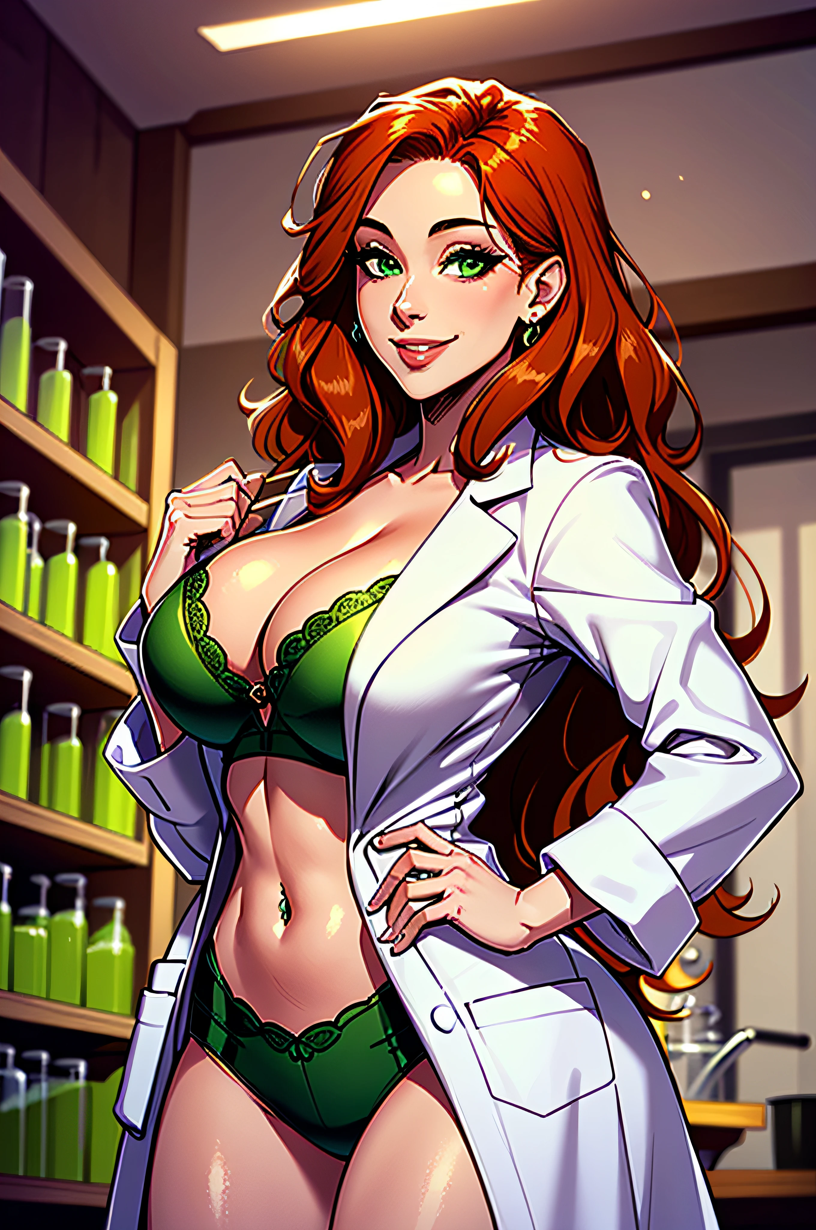 High quality, best quality, masterpiece, 1girl, mature woman, curves, white coat, standing, laboratory, long wavy redhead hair, green eyes. smiling. cleavage. rolled up sleeves, One hand on her hip. She looks at the viewer.
