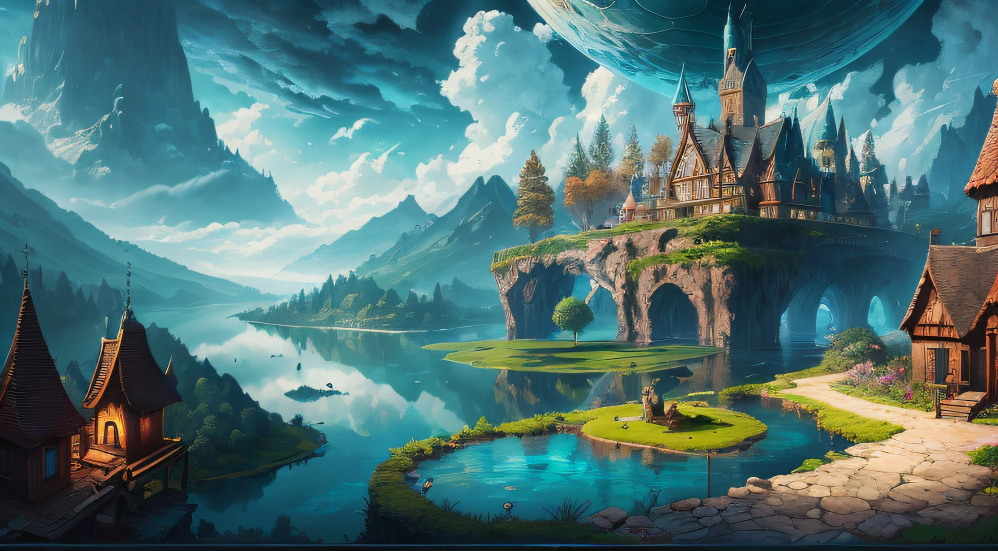 Elf Kingdom, house full of design, forest, lake, sky, clouds, fantasy incredible, supersaturated, surreal, Pixar style, high resolution, artgerm, masterpiece, super detailed, epic composition, high quality, highest quality, resolution 1920x1080