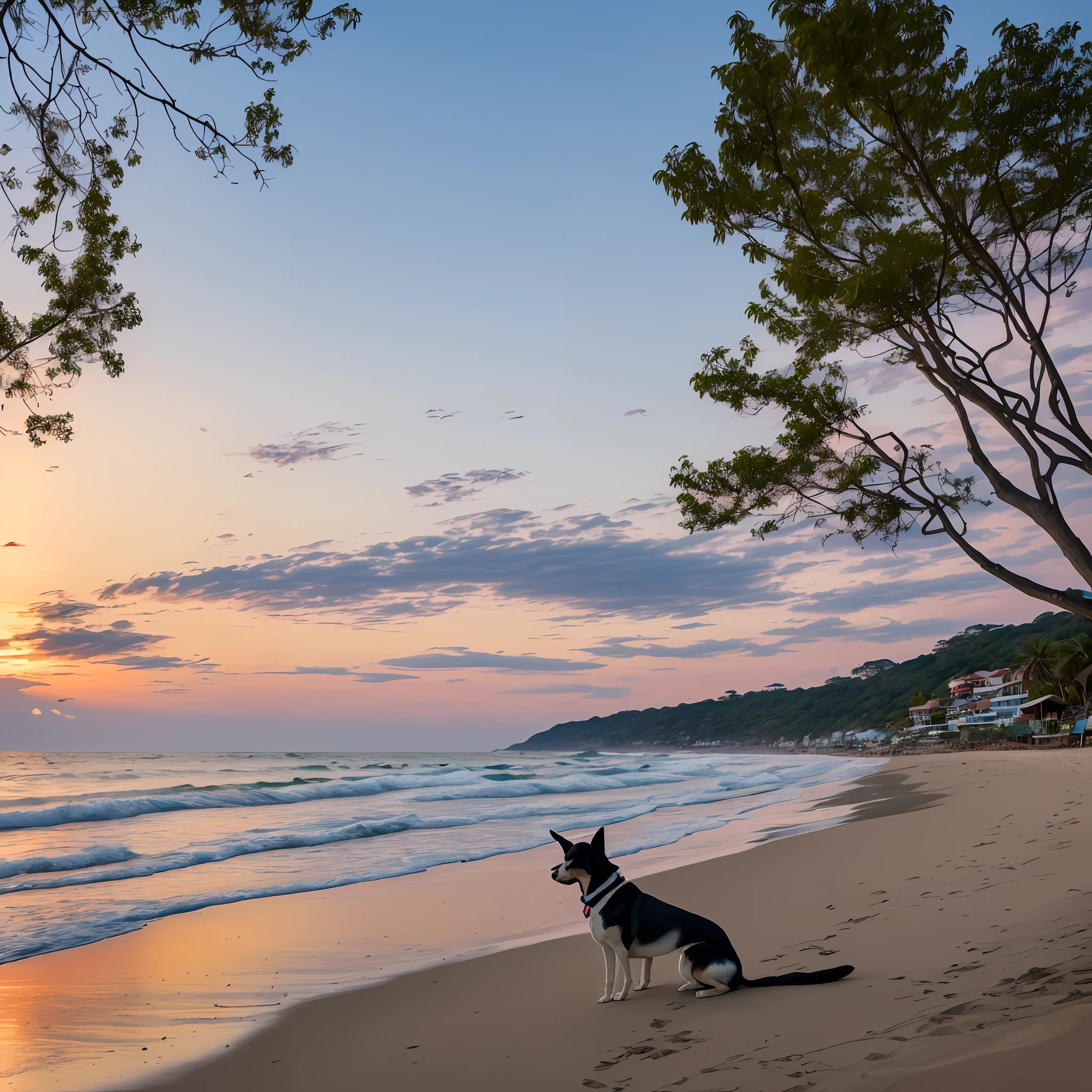 A relaxed dog enjoys the view on the beach and watches the water.