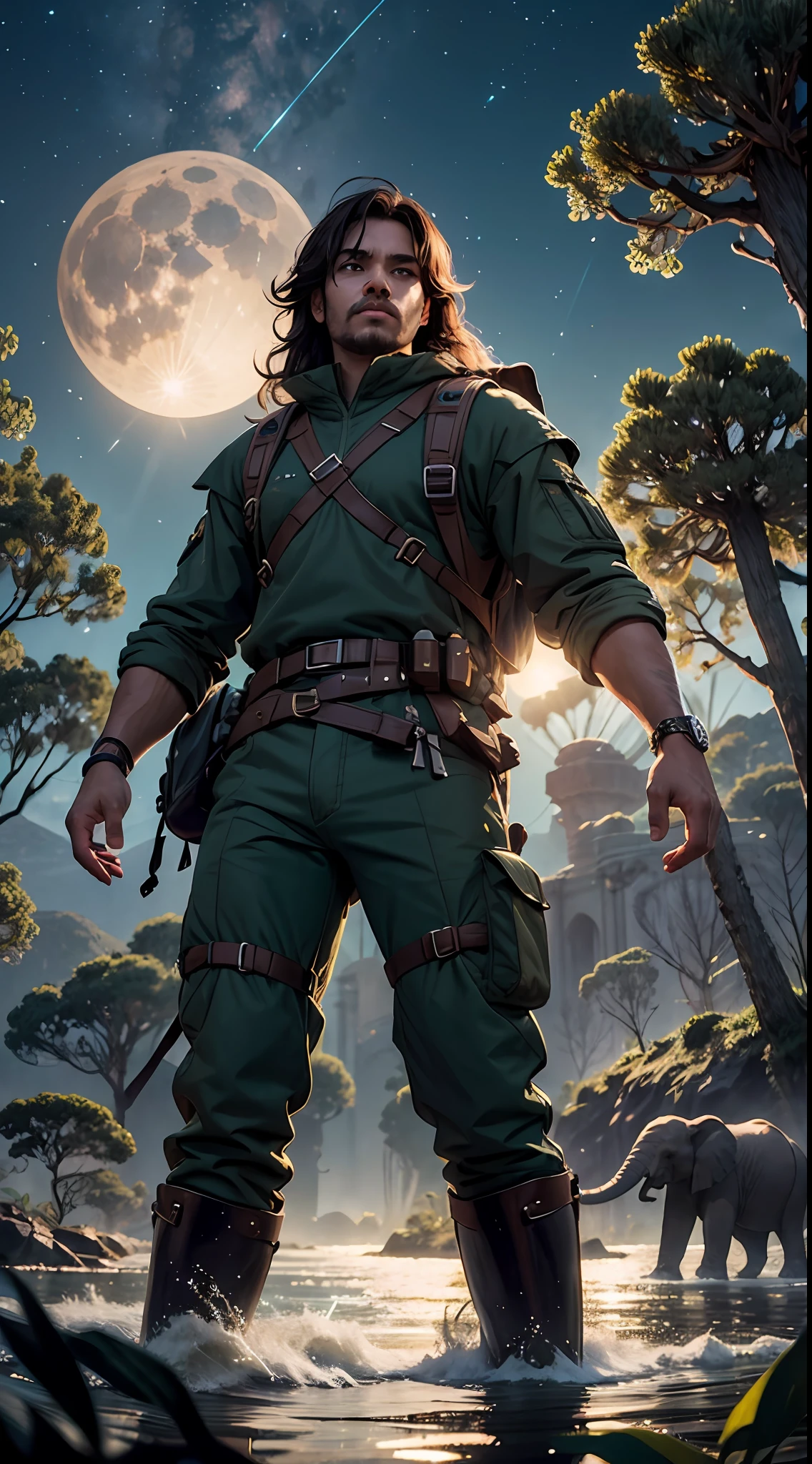 ((best qualtiy)), ((tmasterpiece)), (A detailed:1.4),Enhanced dynamic perspective,jungles,gigantic trees,nighttime scene,starrysky,(darkly:1.4),((Old adventurer standing in front of a super giant long-haired African elephant)),((Butterflies sparkle in the moonlight)),((A starry stream flowed before him)),Broken branches float on the water,(Adventurer backpack),(weeds),florals,(((adventurer clothing))),super-fine,Works of masters,high qulity,8K分辨率,depth of fields,电影灯光,Epic shooting,high qulity,super-fine,Detailed pubic hair,Accurate,Cinematic lighting,