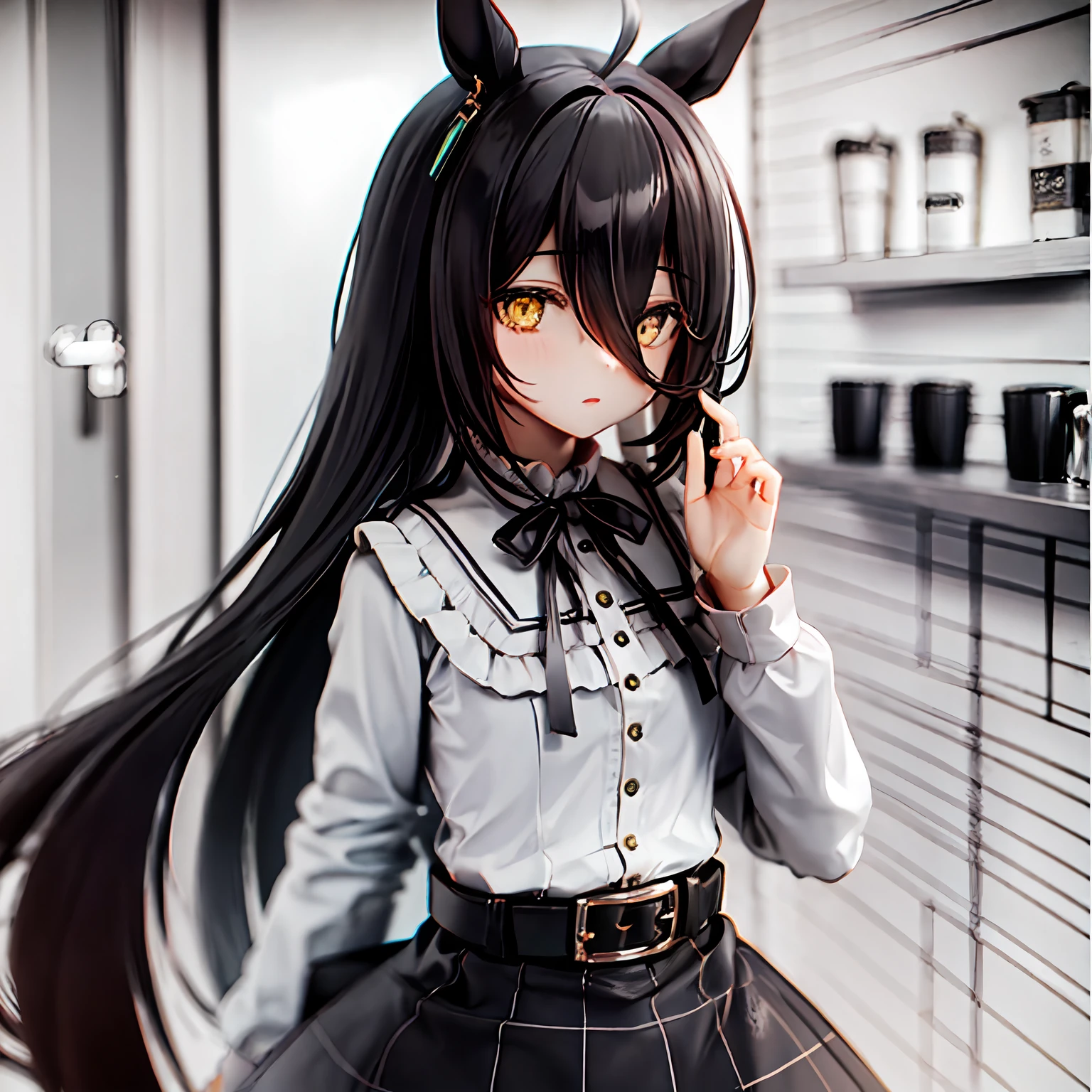 1girl,Manhattan Cafe,Manhattan Cafe(Private clothes),horse girl,horse ears,hair_between_eyes,solo,pantyhose,long_hair, black_hair,yellow_eyes,ahoge,green_ribbon,black_skirt, shirt,long_sleeves,belt