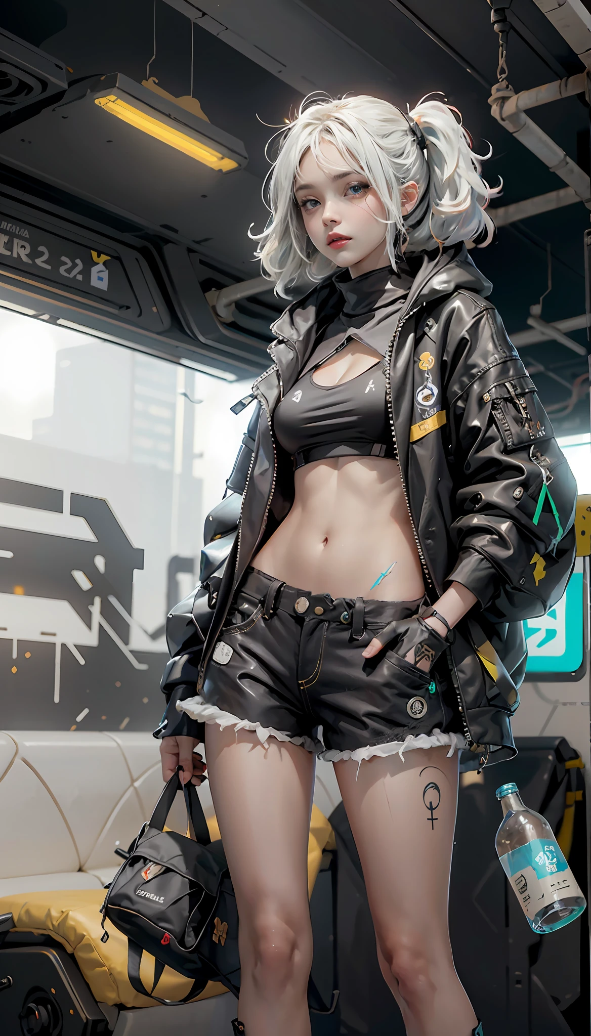 uma Cena de pressentimento, donzela Com um quimono aberto e uma velha Camiseta branCa estiCada por baixo, Ela tem tatuagens roxas bioluminesCentes em sua pele, franja, Black shorts, holding a bottle With a magic nebula stuck inside, C, Standing in a subway car, gadgets de alquimia pendurados no Cinto, Cyberpunk, distopic, Blade Runner`
