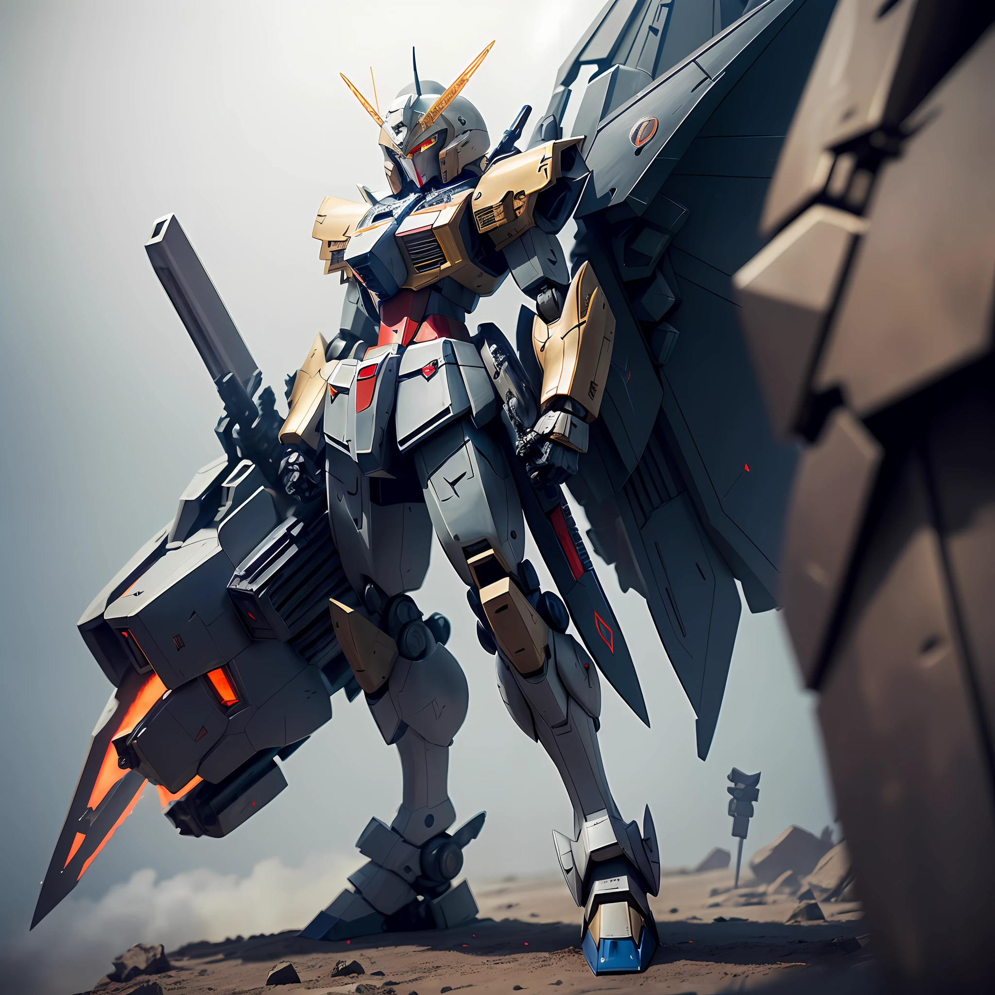 masterpiece, best quality, gundam, witch from mercury, extremely detailed, gundam robot, giant mecha, facing forward, slim mecha, slim mech, thin armor, black and blue armor, mecha wings, small floating pieces cannons, a sword on shoulder, black armor, holding a sword, laser rifle, laser sword, menacing presence, fine details.