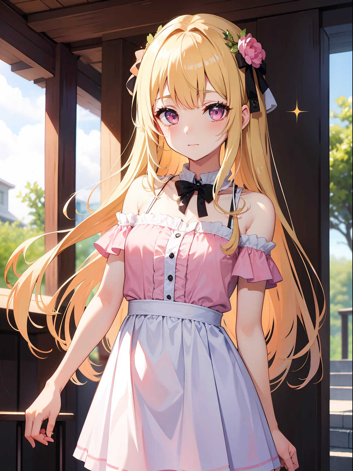 Pink eyes、a blond、、cute little、Transcendent Cute、Idol、sparkly eyes、Mid summer、Shoulders bare、beautiful countenance、student clothes、