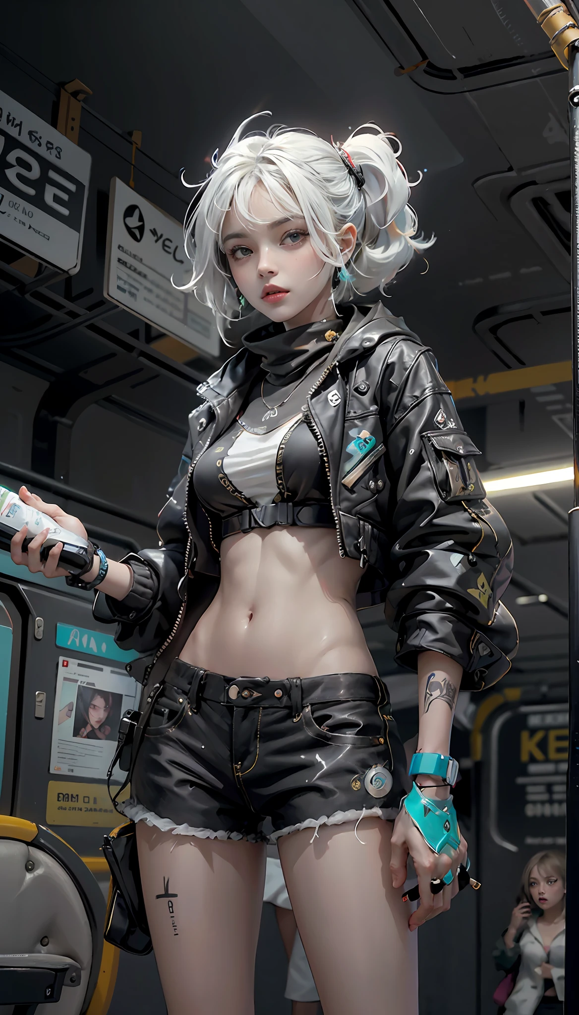 uma Cena de pressentimento, donzela Com um quimono aberto e uma velha Camiseta branCa estiCada por baixo, Ela tem tatuagens roxas bioluminesCentes em sua pele, franja, Black shorts, holding a bottle With a magic nebula stuck inside, C, Standing in a subway car, gadgets de alquimia pendurados no Cinto, Cyberpunk, distopic, Blade Runner`