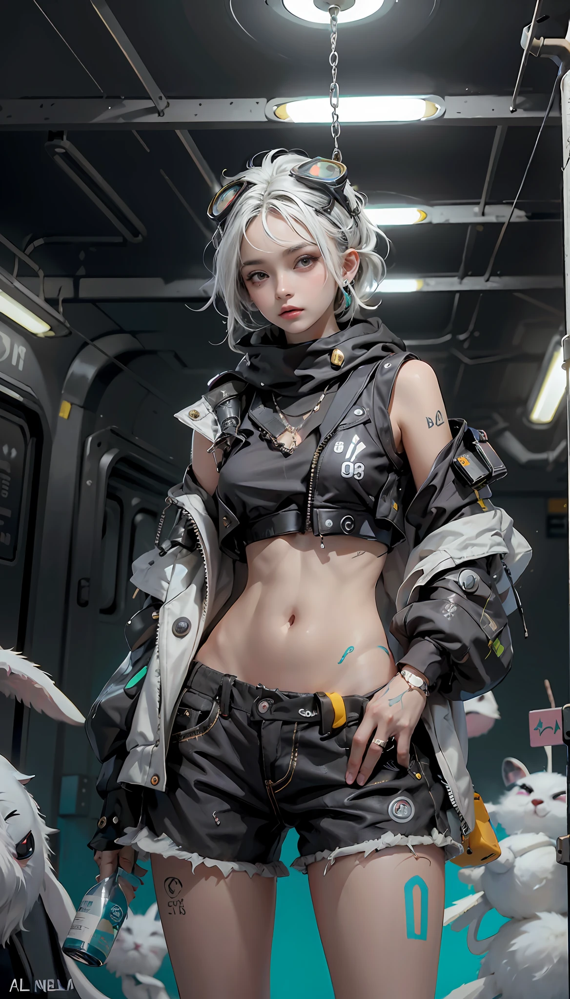 uma Cena de pressentimento, donzela Com um quimono aberto e uma velha Camiseta branCa estiCada por baixo, Ela tem tatuagens roxas bioluminesCentes em sua pele, franja, Black shorts, holding a bottle With a magic nebula stuck inside, C, Standing in a subway car, gadgets de alquimia pendurados no Cinto, Cyberpunk, distopic, Blade Runner`