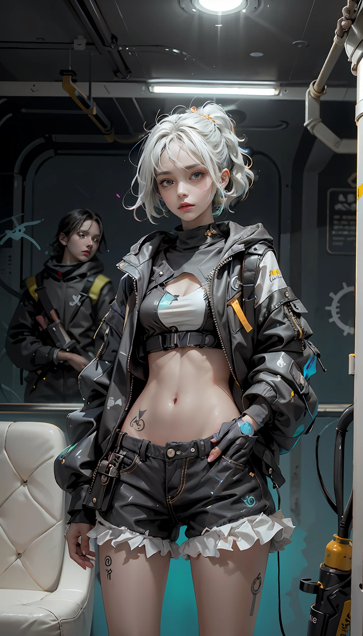 uma Cena de pressentimento, donzela Com um quimono aberto e uma velha Camiseta branCa estiCada por baixo, Ela tem tatuagens roxas bioluminesCentes em sua pele, franja, Black shorts, holding a bottle With a magic nebula stuck inside, C, Standing in a subway car, gadgets de alquimia pendurados no Cinto, Cyberpunk, distopic, Blade Runner`