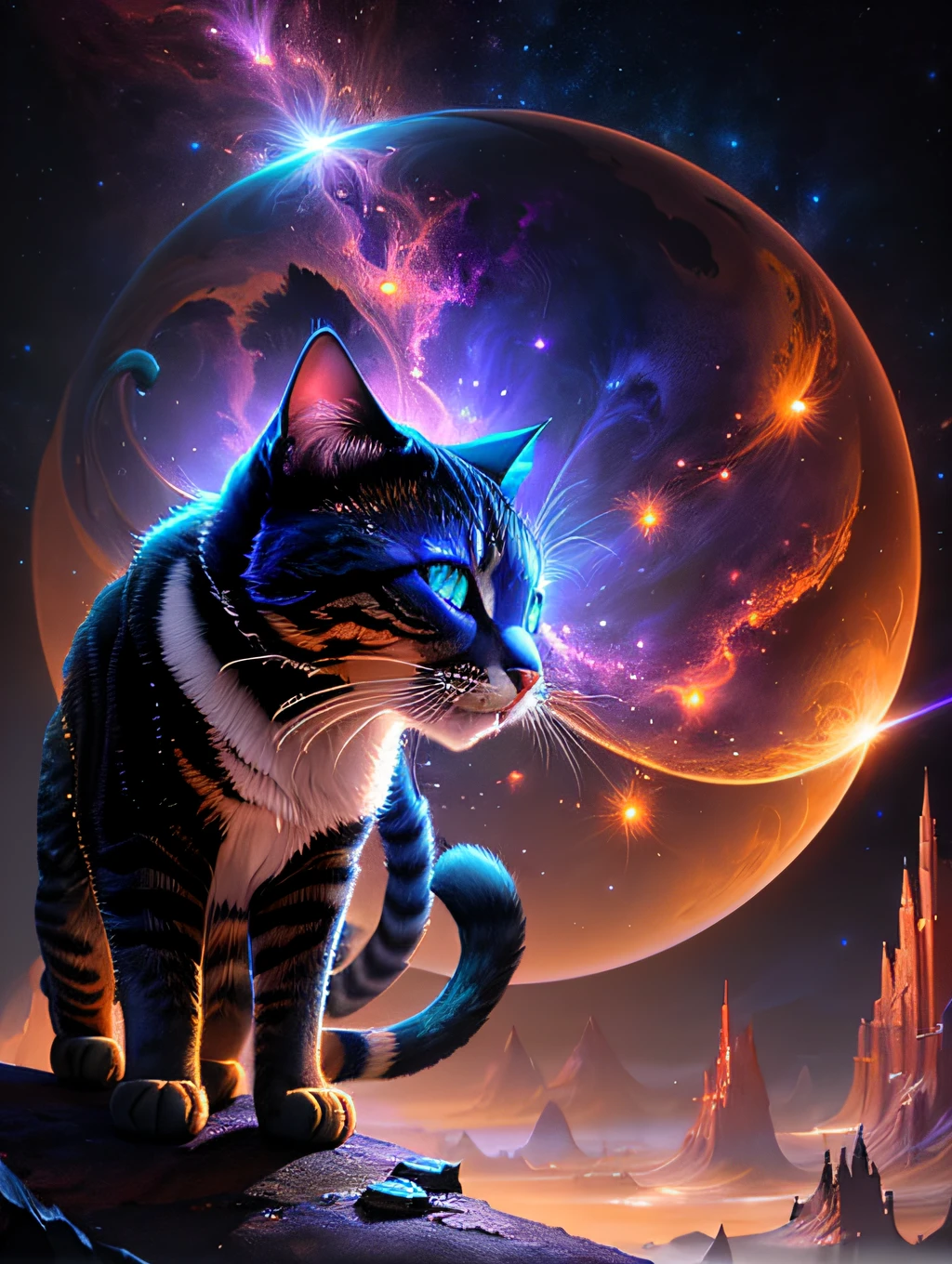 Cosmic Cat detailed matte painting, deep color, fantastical, intricate detail, splash screen, complementary colors, fantasy concept art, 8k resolution trending on Artstation Unreal Engine 5